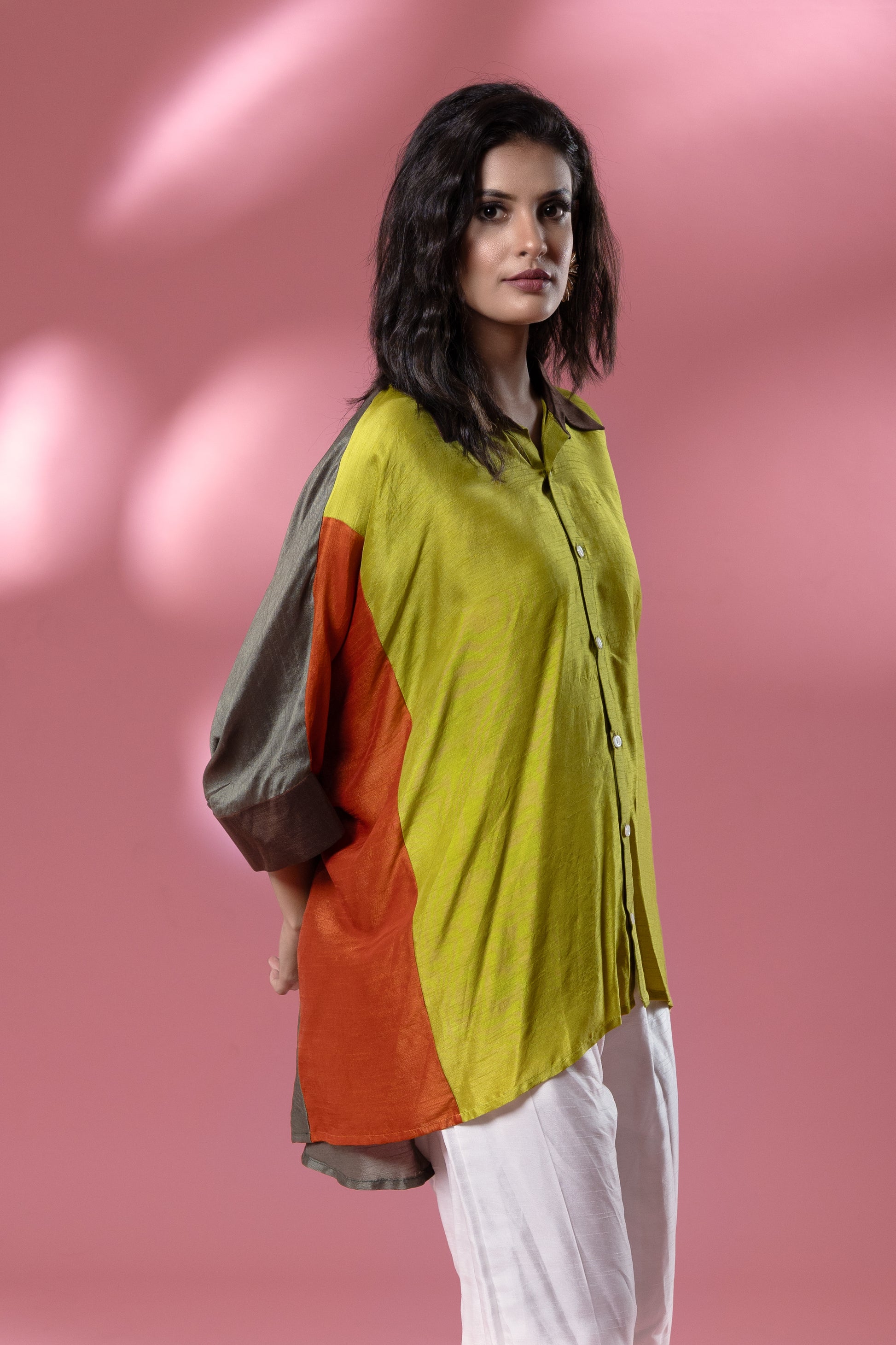 Green Multi-Colour Bemberg Silk Boho Oversized Shirt