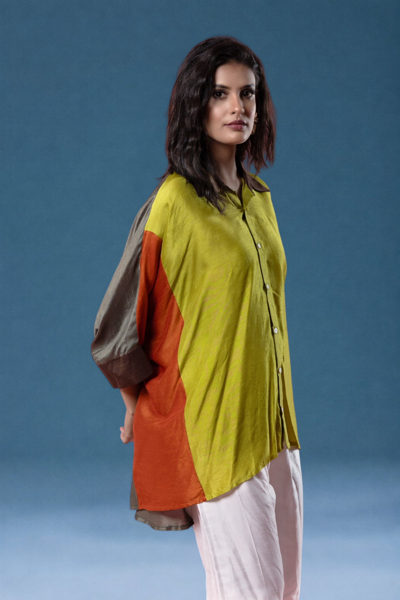 Green Multi-Colour Bemberg Silk Boho Oversized Shirt