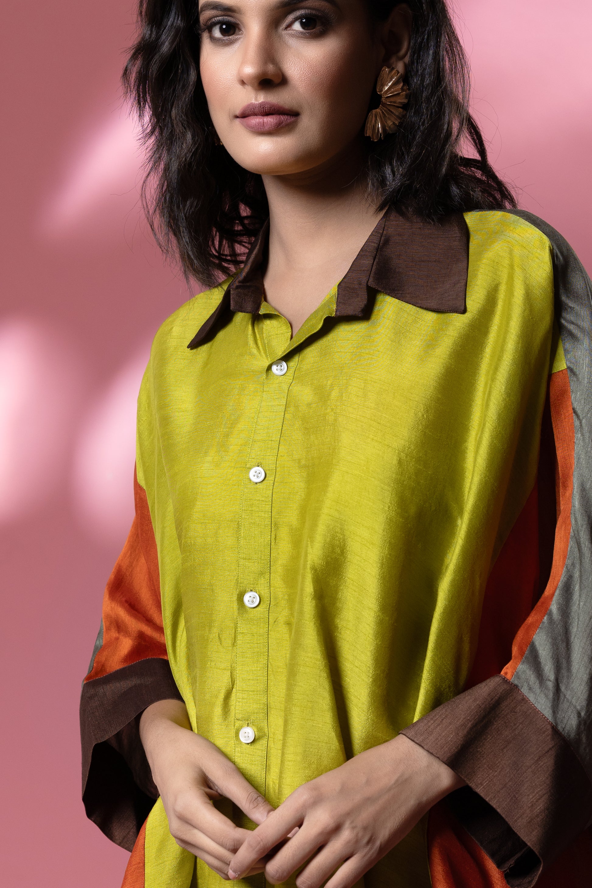 Green Multi-Colour Bemberg Silk Boho Oversized Shirt