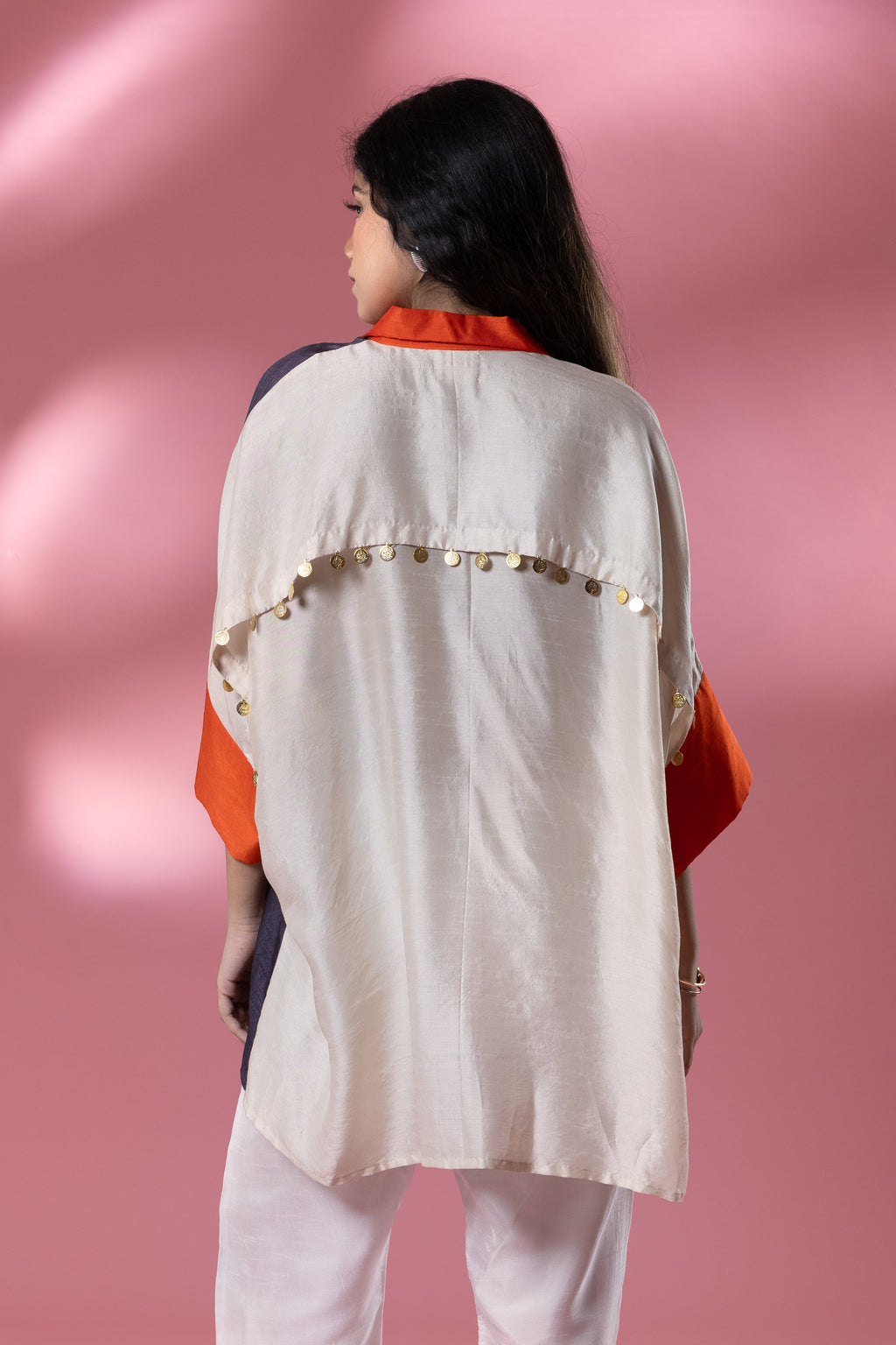 Grey & Beige Bemberg Silk Boho Stamp Coin Oversized Shirt