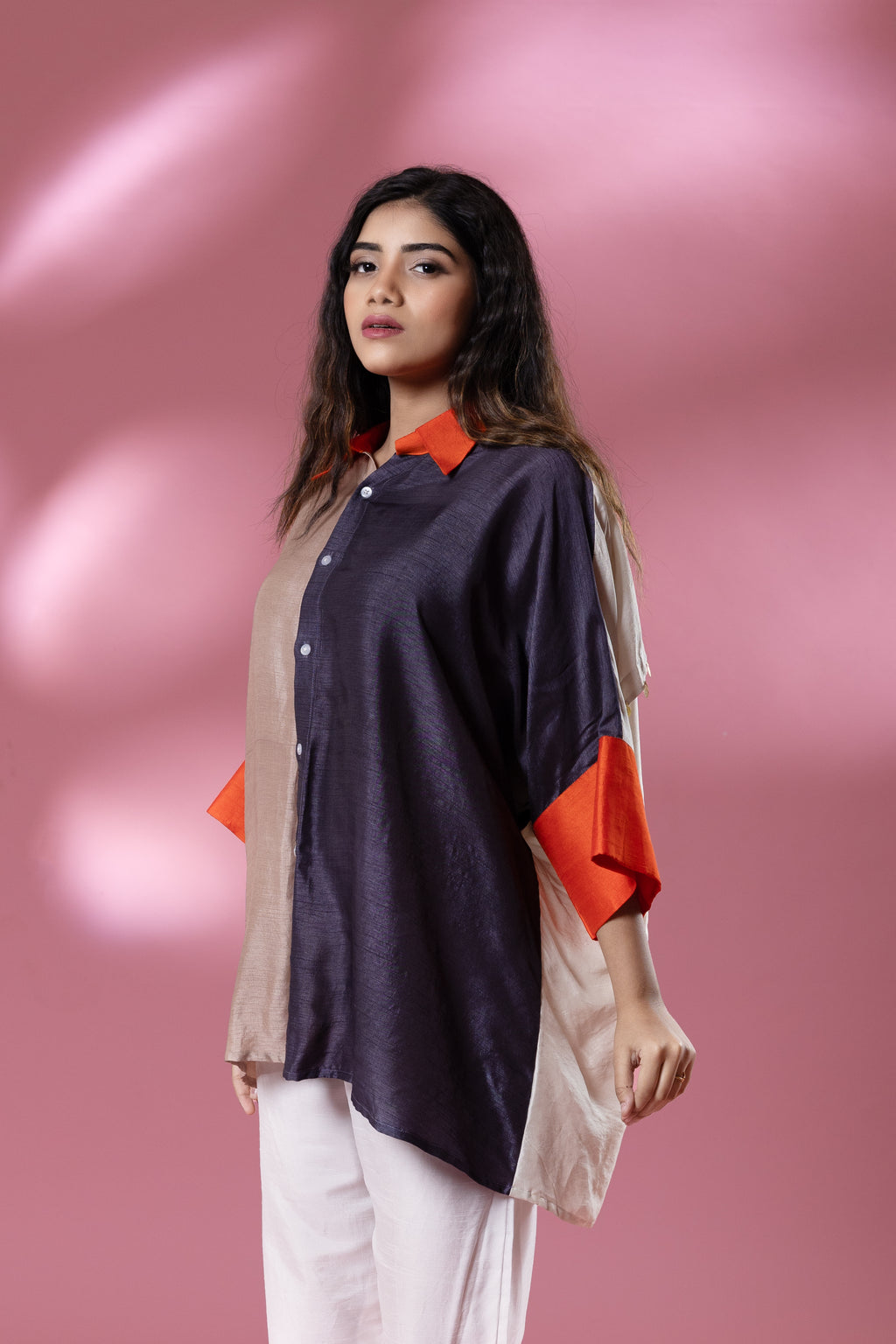 Grey & Beige Bemberg Silk Boho Stamp Coin Oversized Shirt