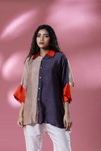 Grey & Beige Bemberg Silk Boho Stamp Coin Oversized Shirt
