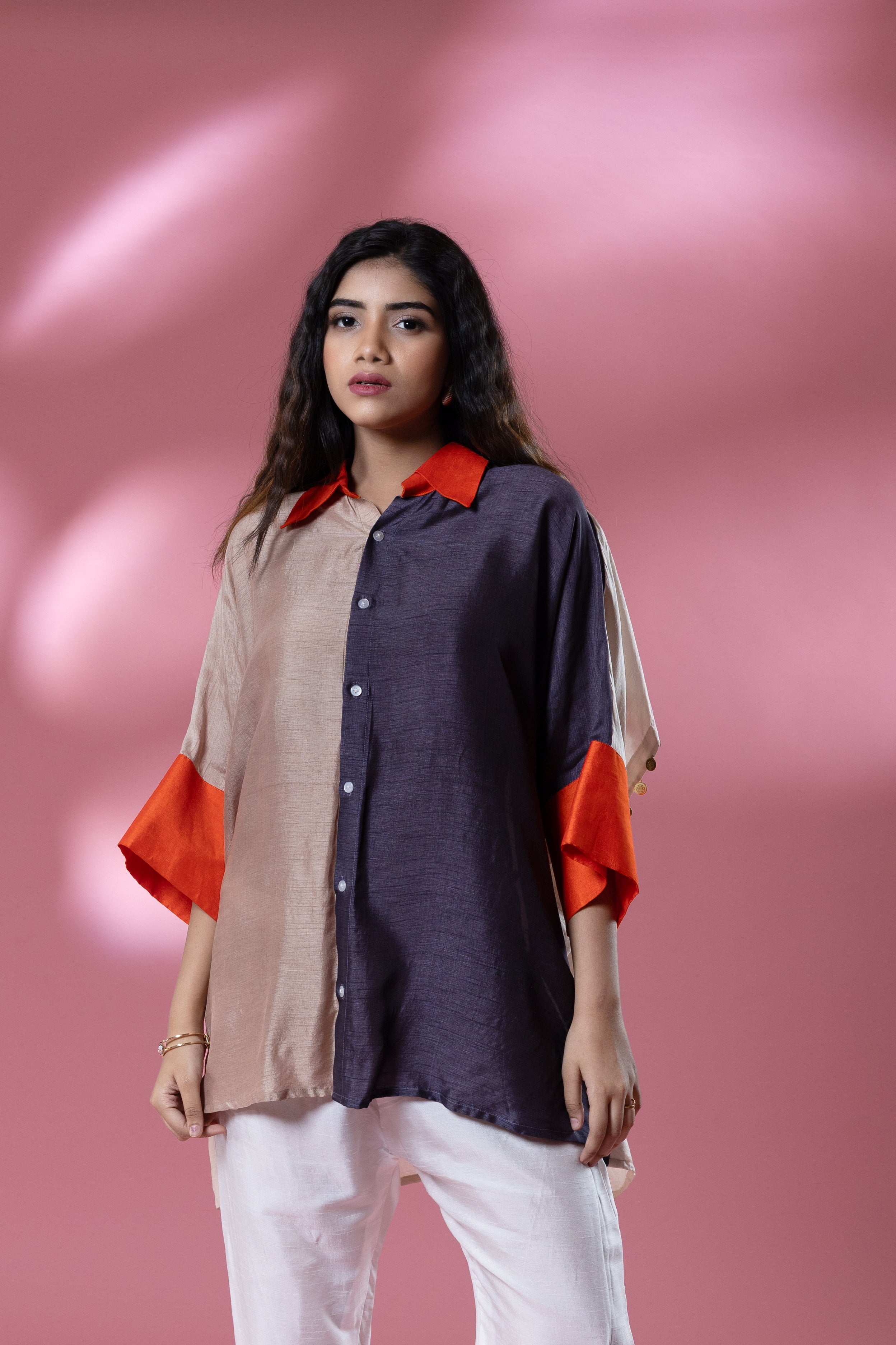 Grey & Beige Bemberg Silk Boho Stamp Coin Oversized Shirt