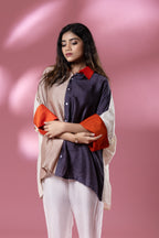 Grey & Beige Bemberg Silk Boho Stamp Coin Oversized Shirt