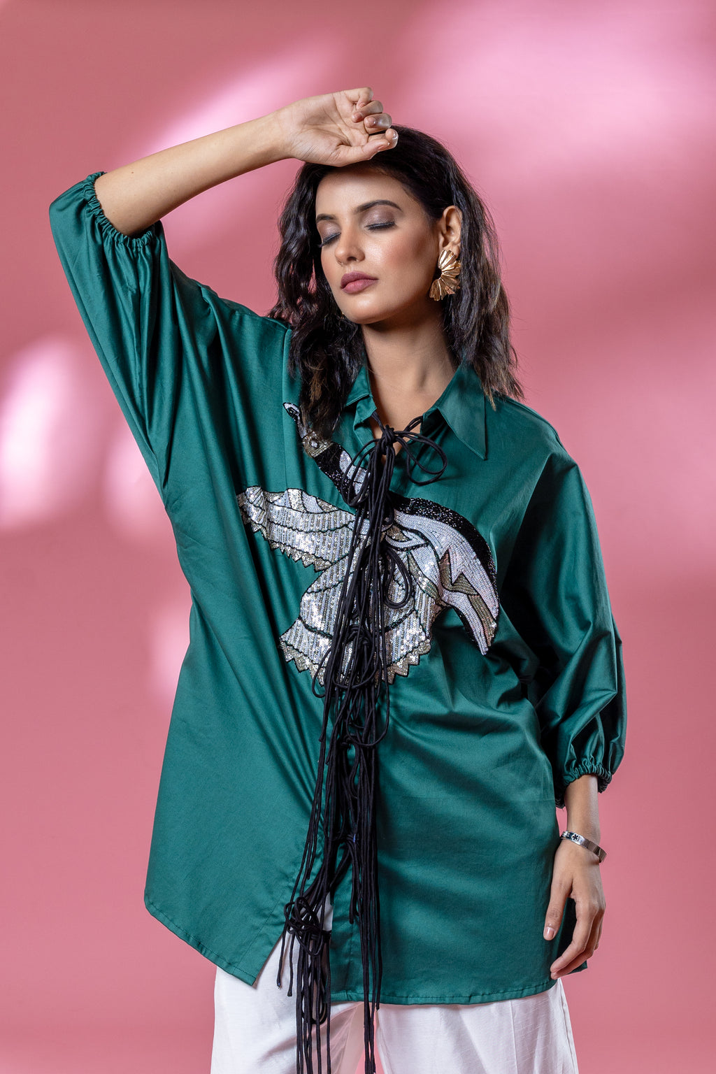 Green Italian Cotton Eagle Sequin Patch Shirt