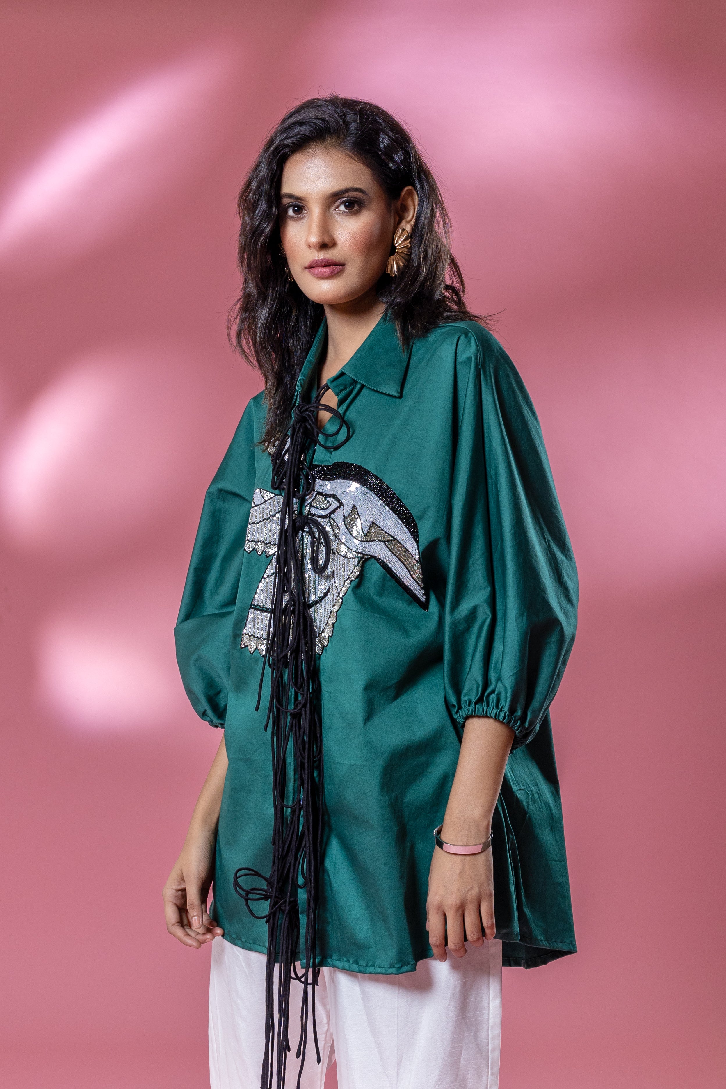Green Italian Cotton Eagle Sequin Patch Shirt