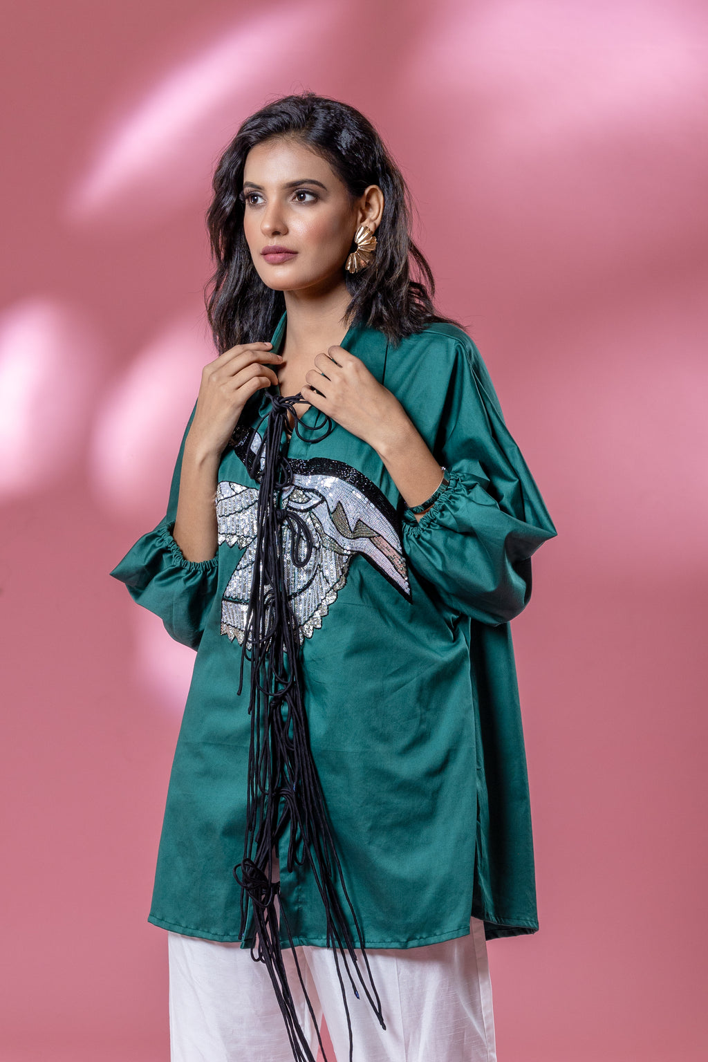 Green Italian Cotton Eagle Sequin Patch Shirt