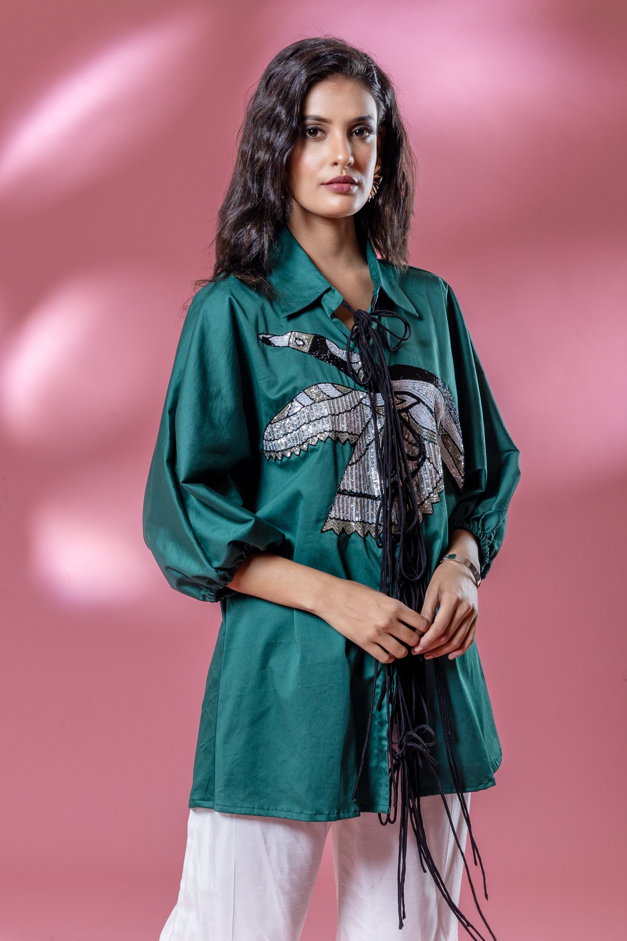 Green Italian Cotton Eagle Sequin Patch Shirt