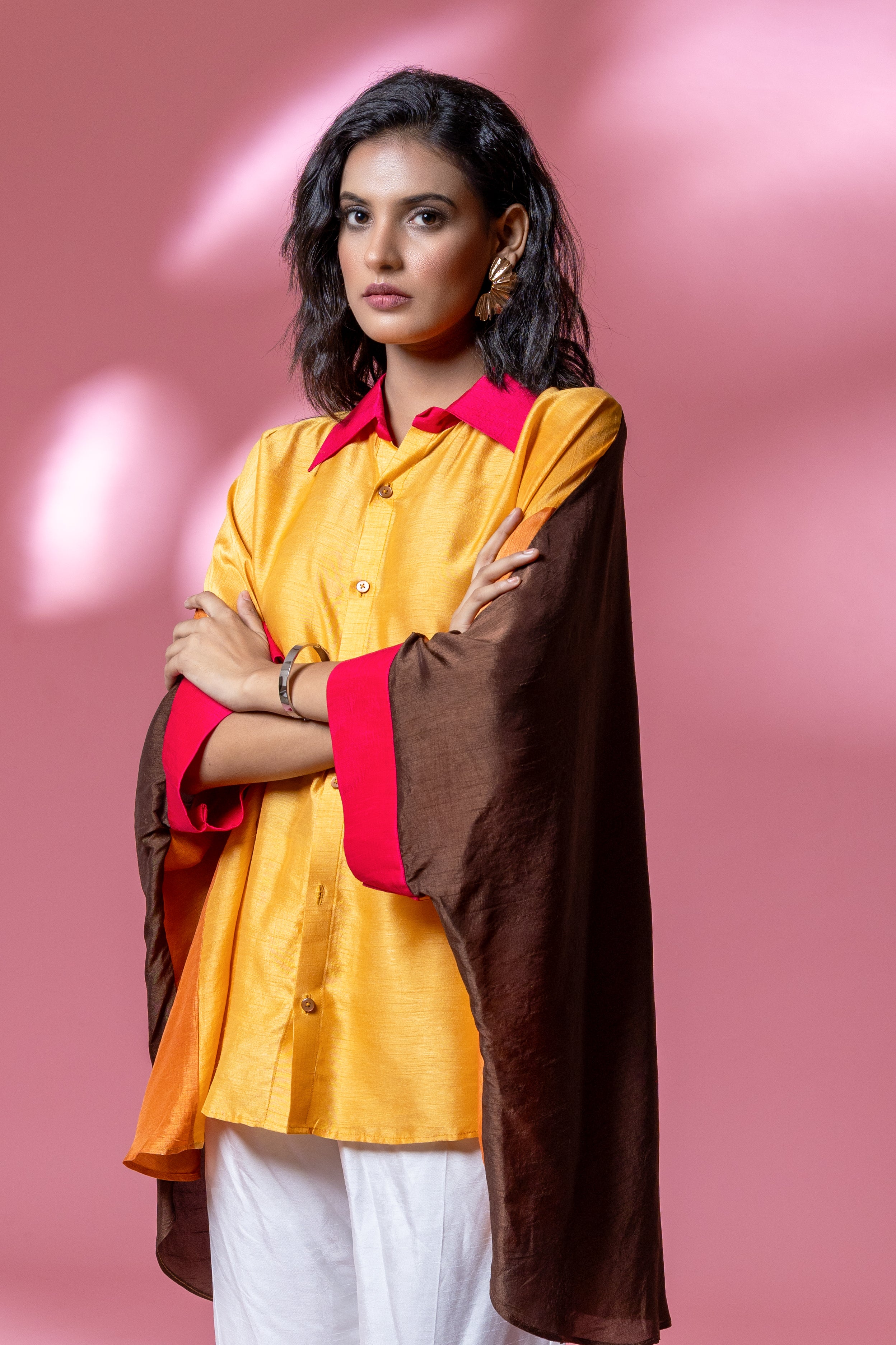 Brown Multi-Colour Bemberg Silk Boho Oversized Shirt