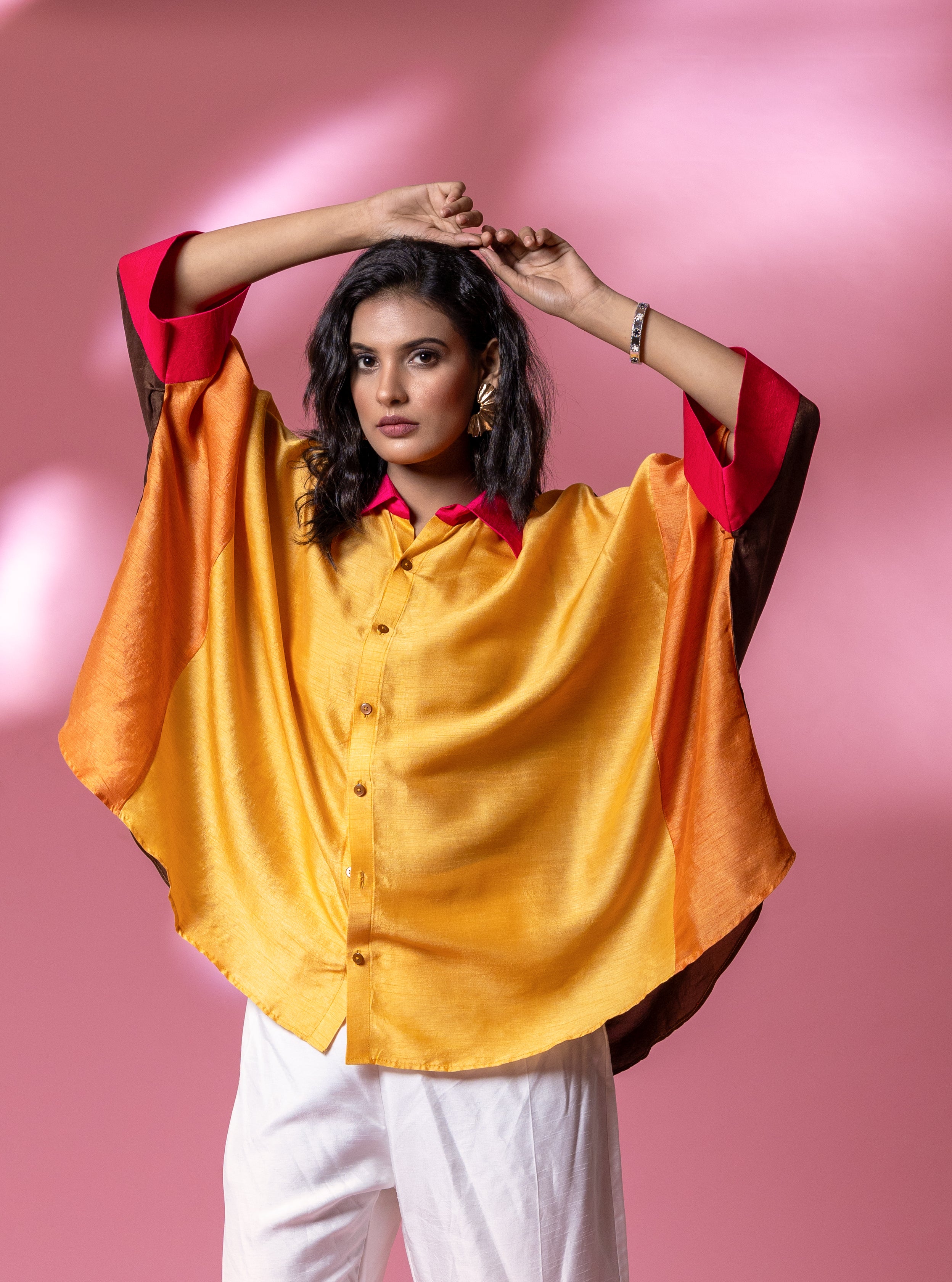 Brown Multi-Colour Bemberg Silk Boho Oversized Shirt