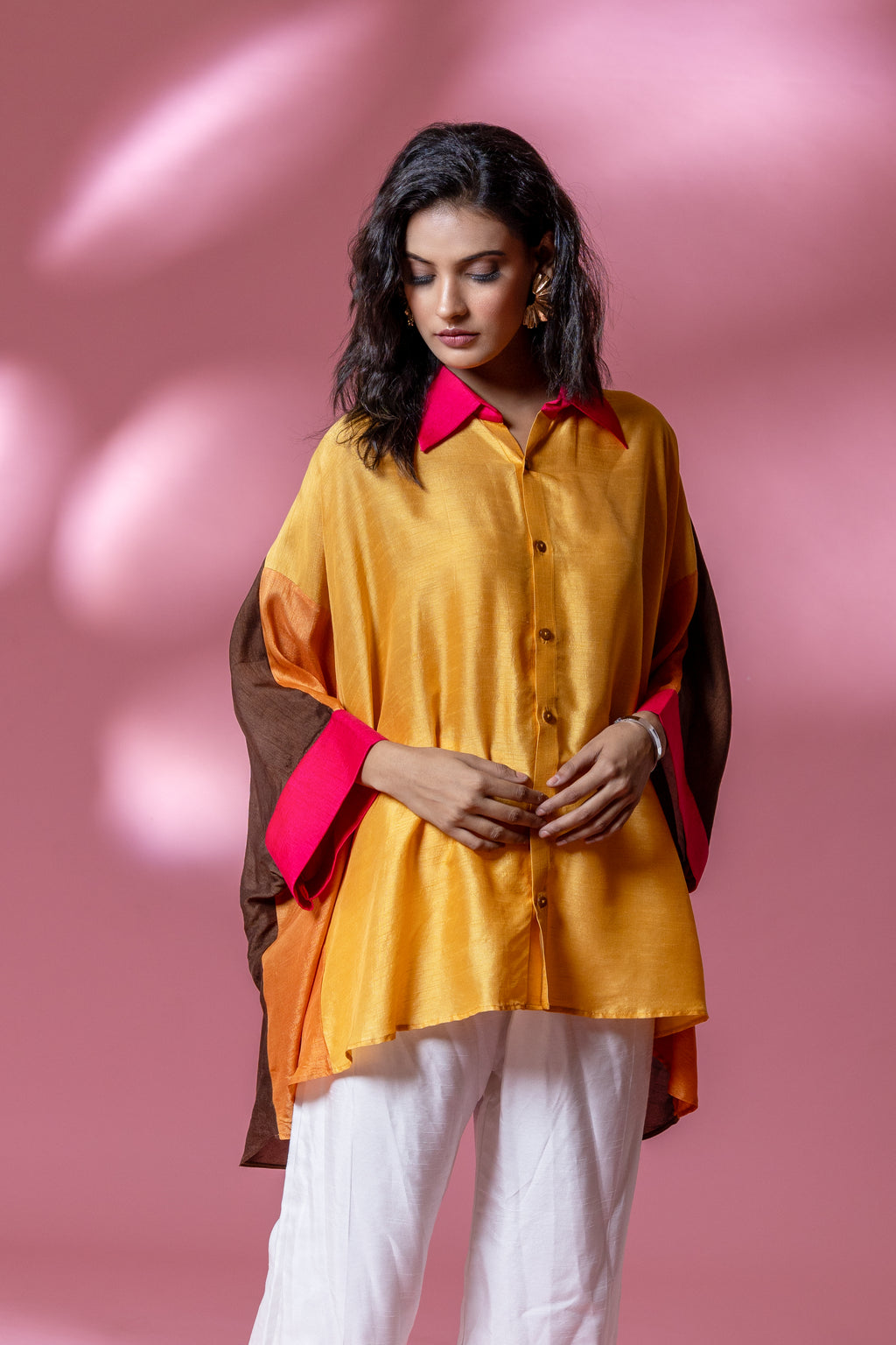 Brown Multi-Colour Bemberg Silk Boho Oversized Shirt
