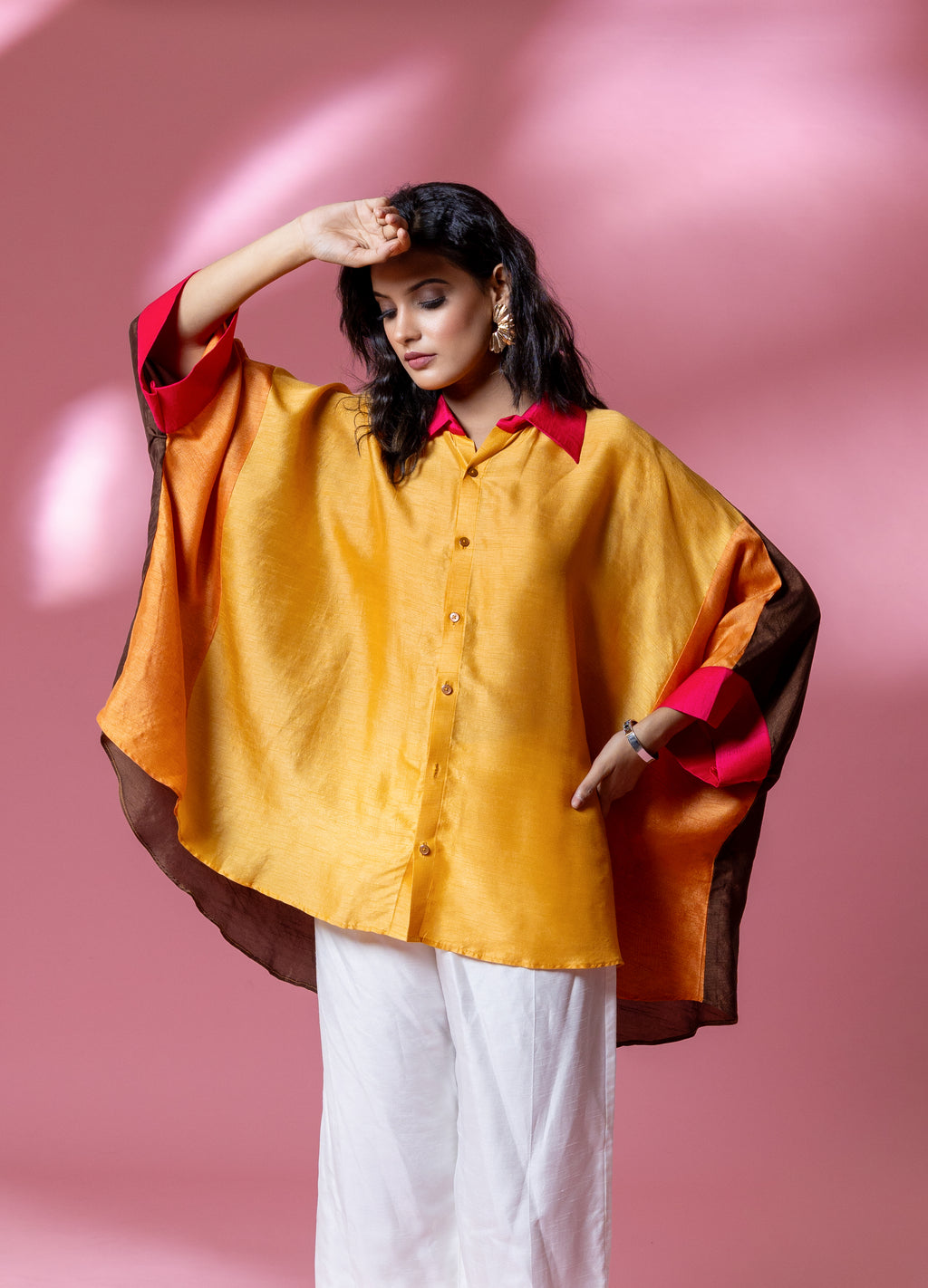 Brown Multi-Colour Bemberg Silk Boho Oversized Shirt