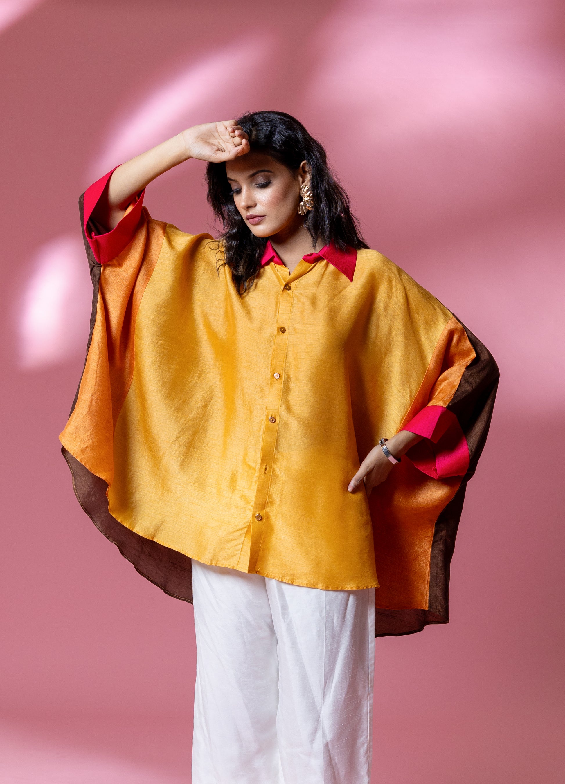 Brown Multi-Colour Bemberg Silk Boho Oversized Shirt