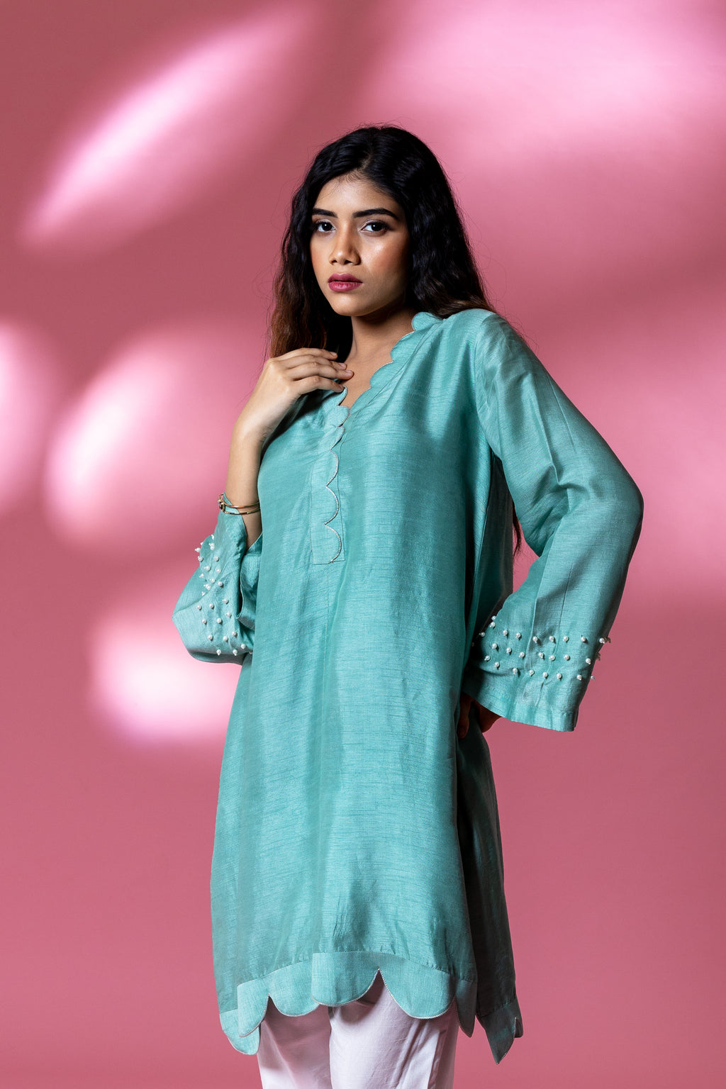 Blue Bemberg Silk Scallop Cut Pearl Co-ord