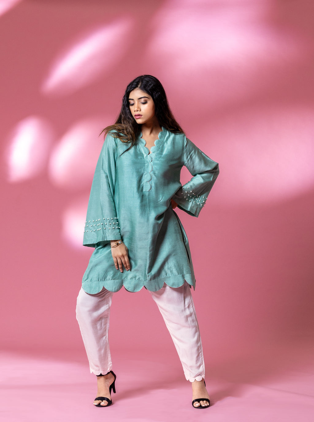 Blue Bemberg Silk Scallop Cut Pearl Co-ord