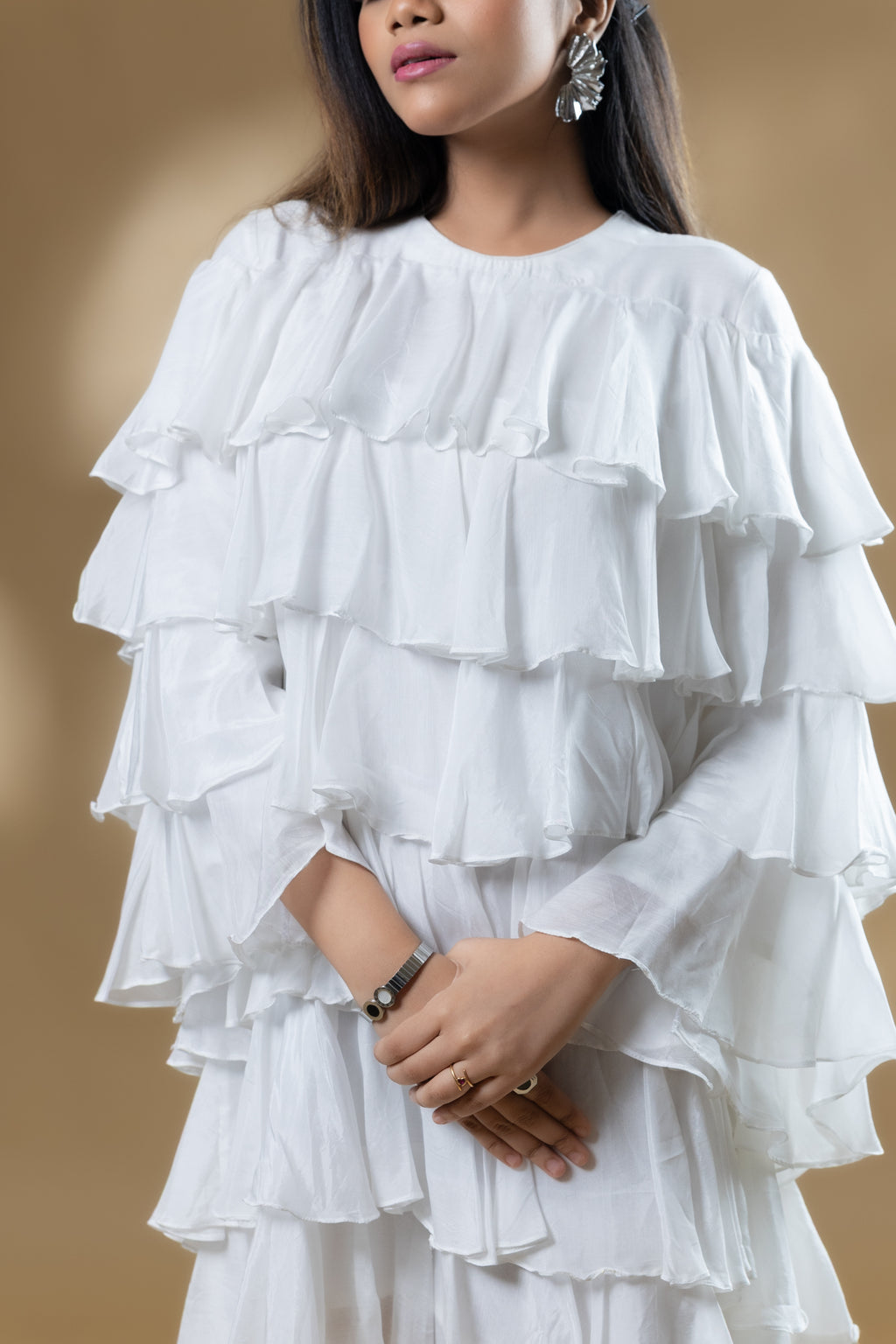 Pearl White Muslin Ruffle Dress