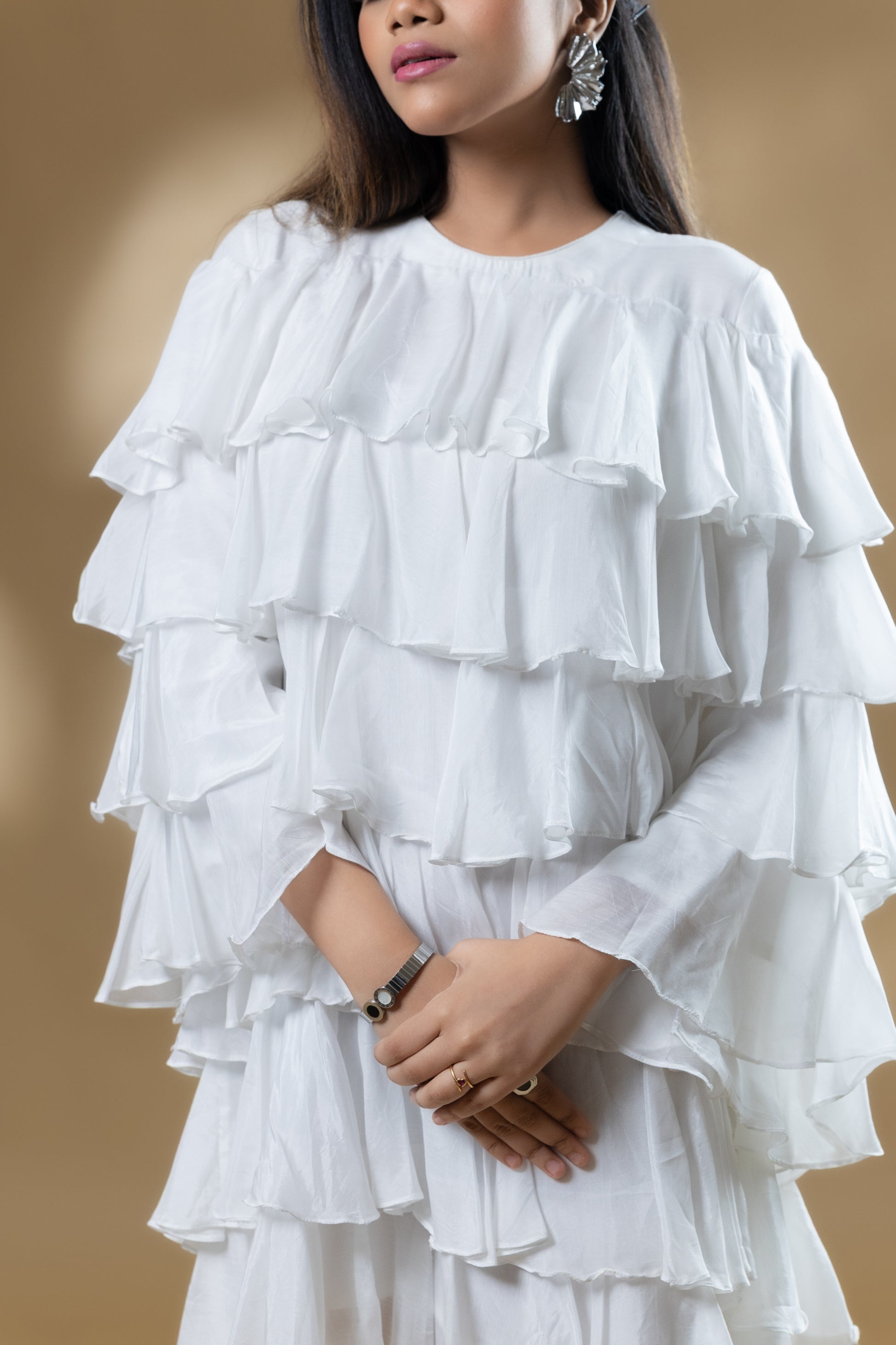 Pearl White Muslin Ruffle Dress