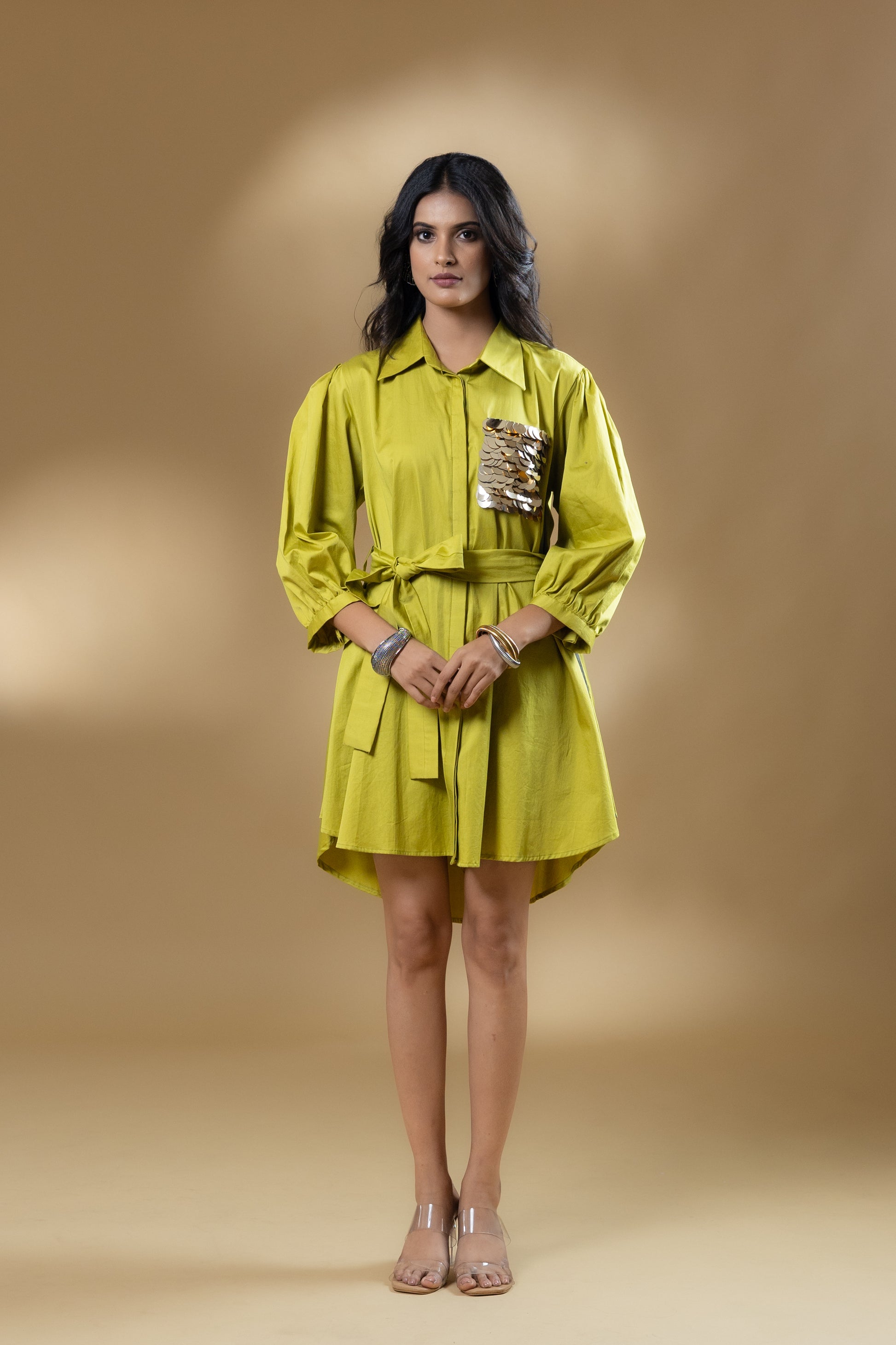 Green Satin Cotton Sequin Pocket Dress