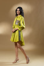 Green Satin Cotton Sequin Pocket Dress
