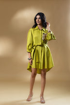 Green Satin Cotton Sequin Pocket Dress