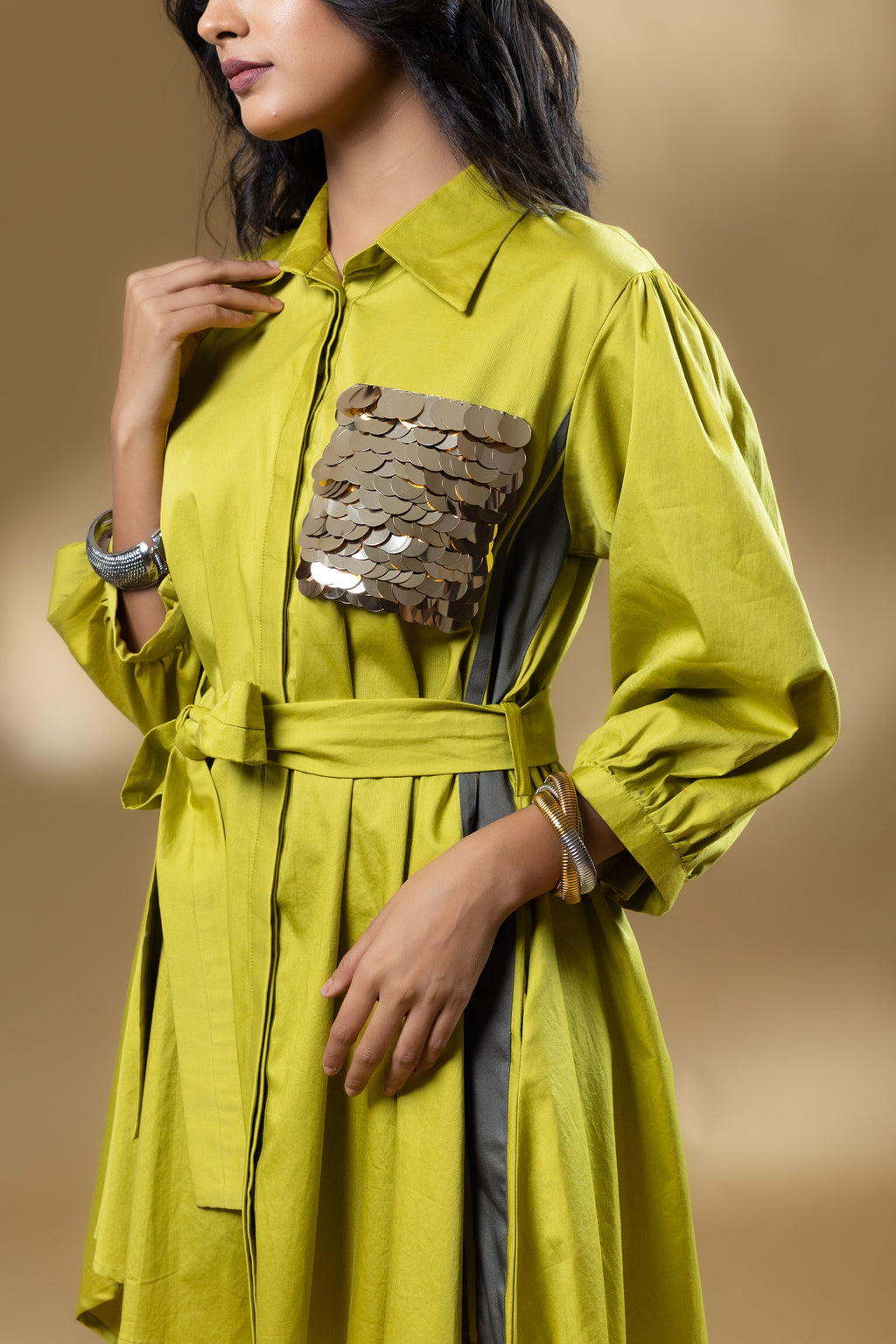 Green Satin Cotton Sequin Pocket Dress