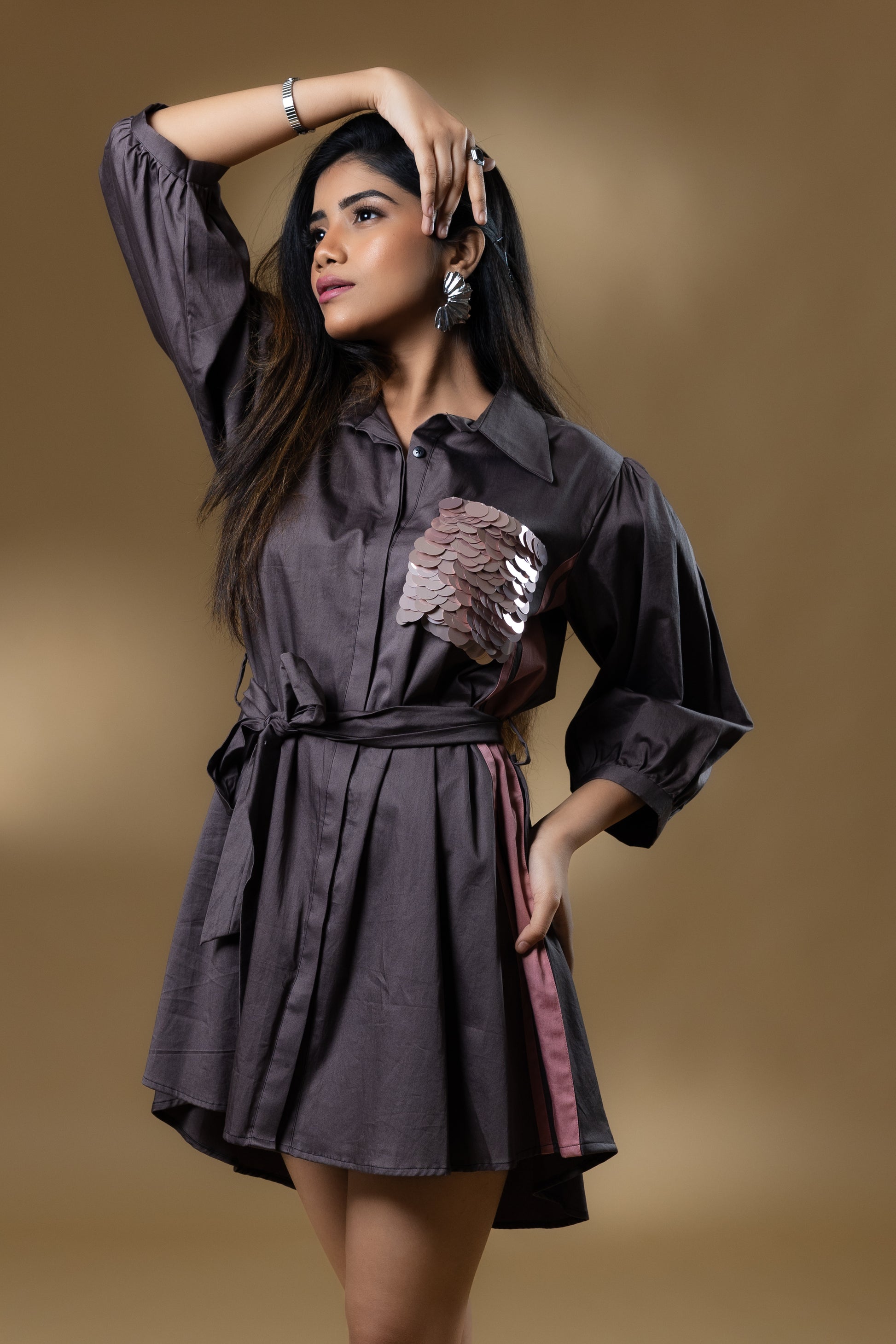 Grey Italian Cotton Sequin Pocket Dress