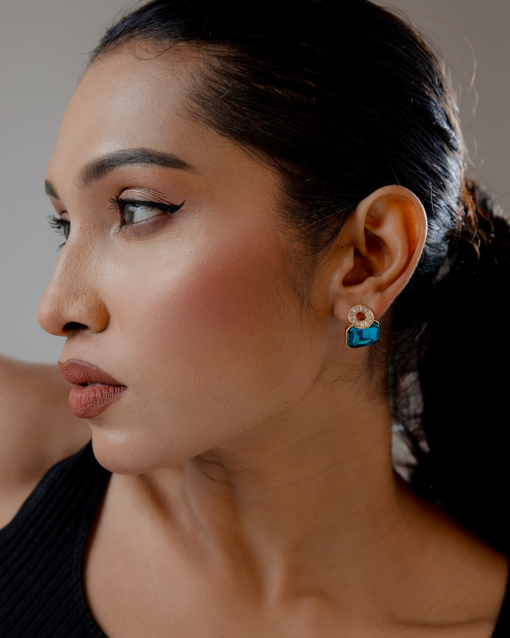 Azure Glow Crystal Stud Earrings - Gold Plated
