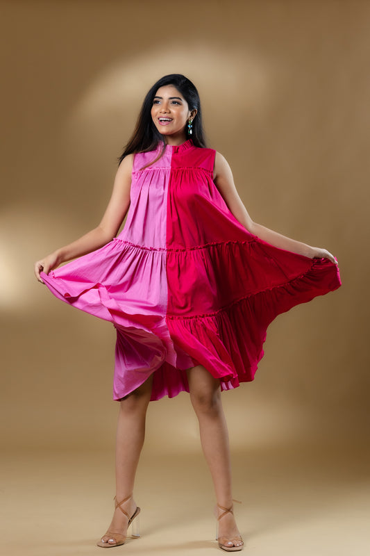 Dual Colored Italian Cotton Ruffled Short Dress