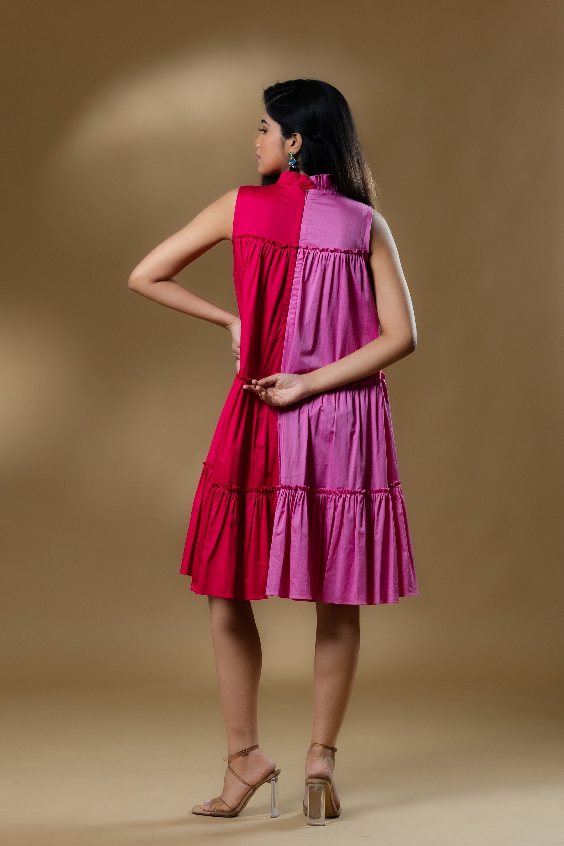 Dual Colored Italian Cotton Ruffled Short Dress