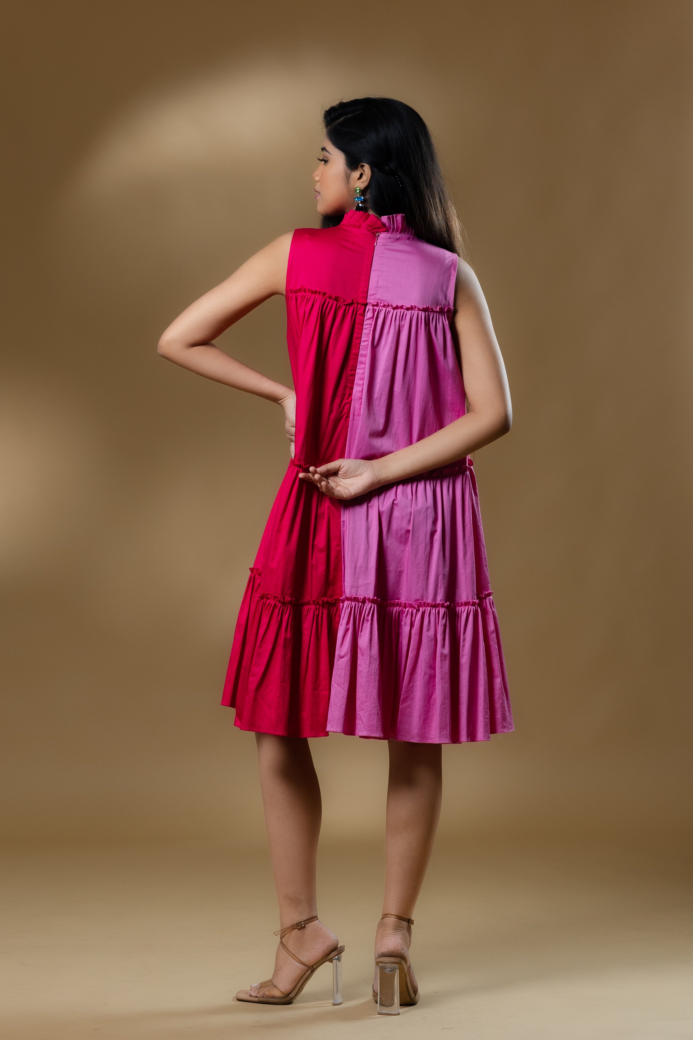 Dual Colored Italian Cotton Ruffled Short Dress