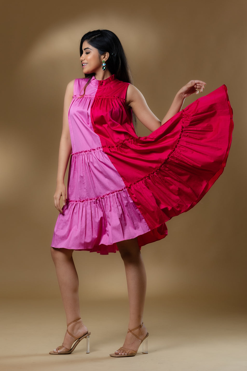 Dual Colored Italian Cotton Ruffled Short Dress