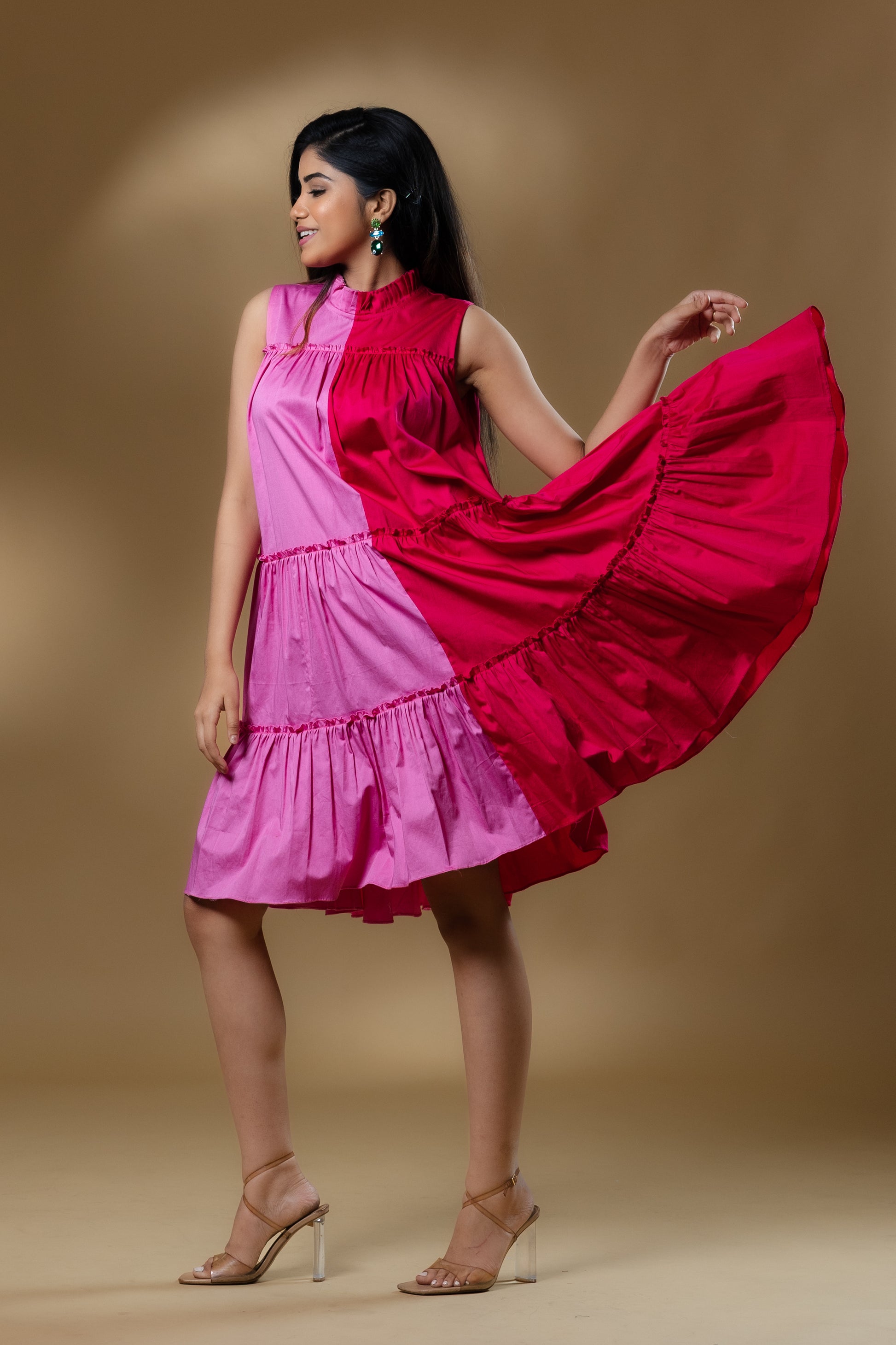 Dual Colored Italian Cotton Ruffled Short Dress