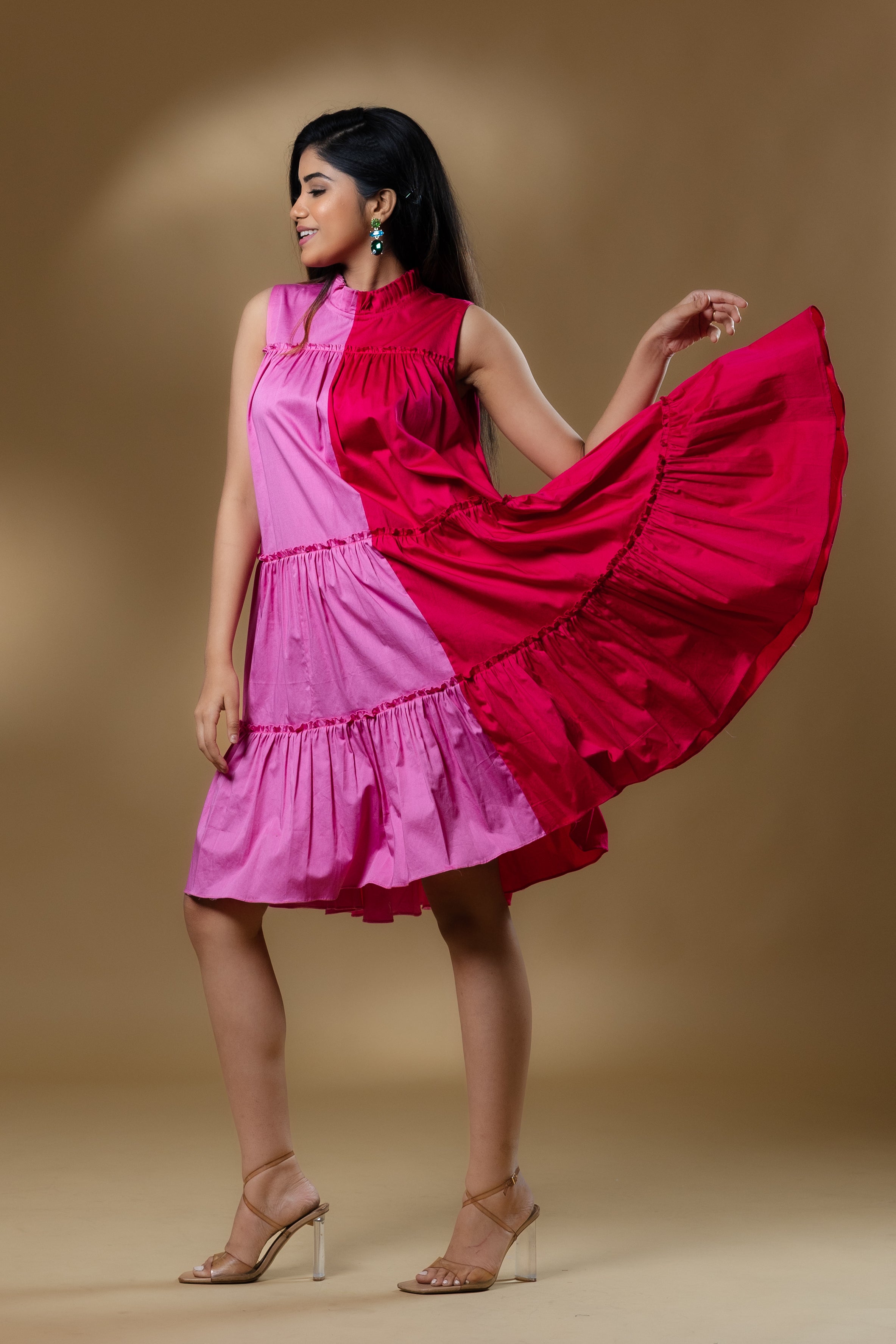 Dual Colored Italian Cotton Ruffled Short Dress