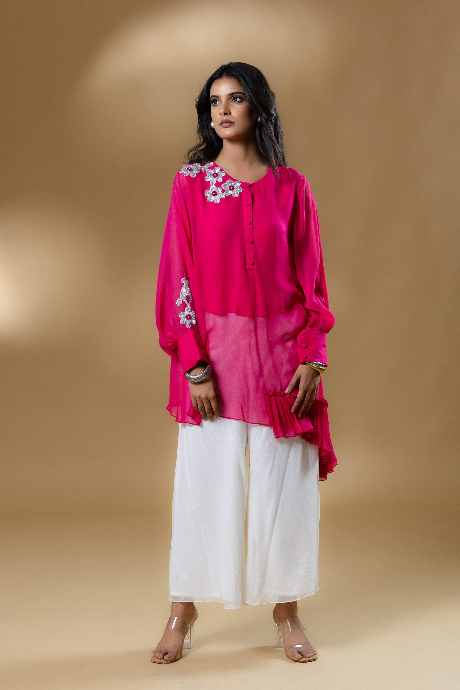 Magenta Pink Georgette Sequined Flower Co-ord