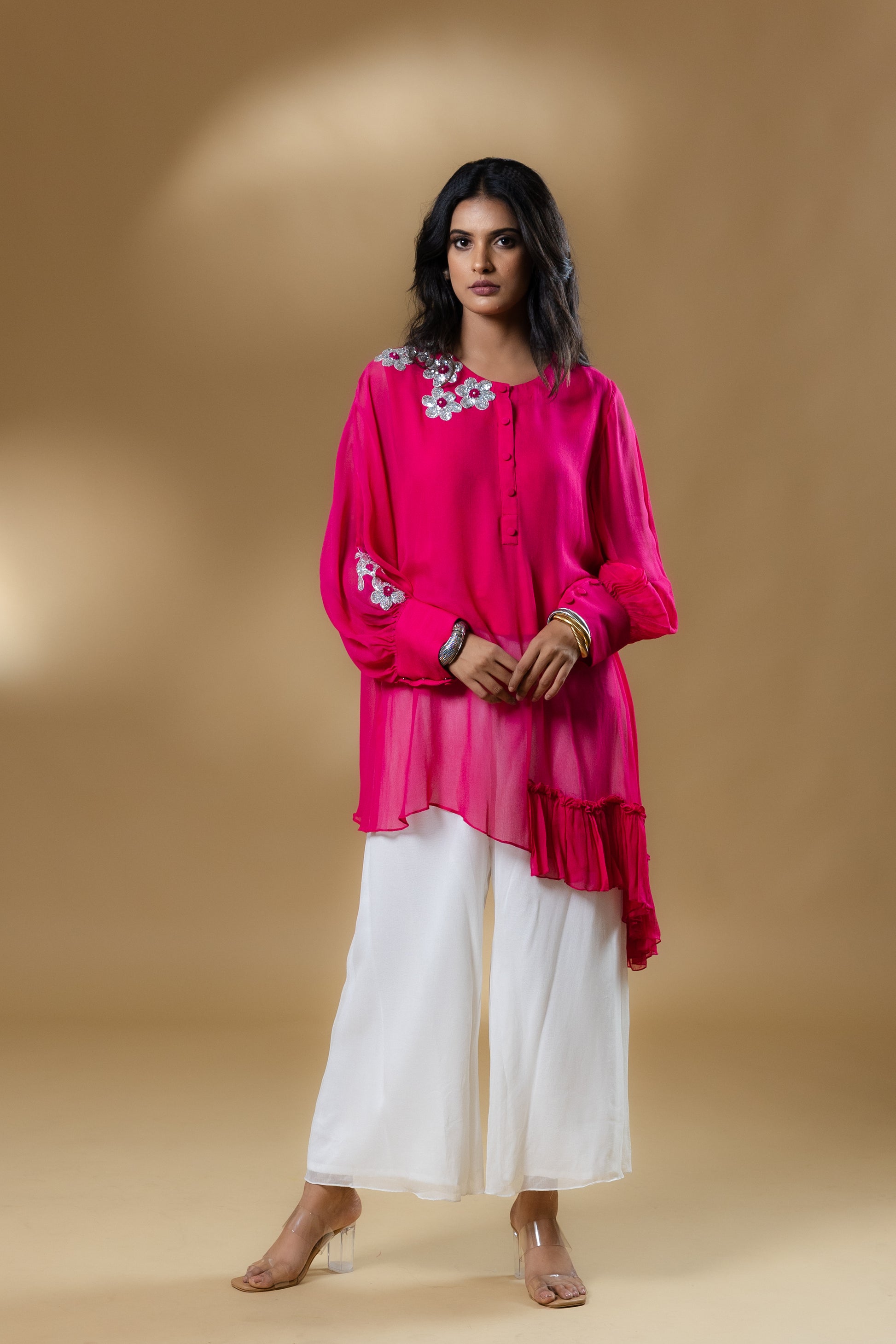 Magenta Pink Georgette Sequined Flower Co-ord