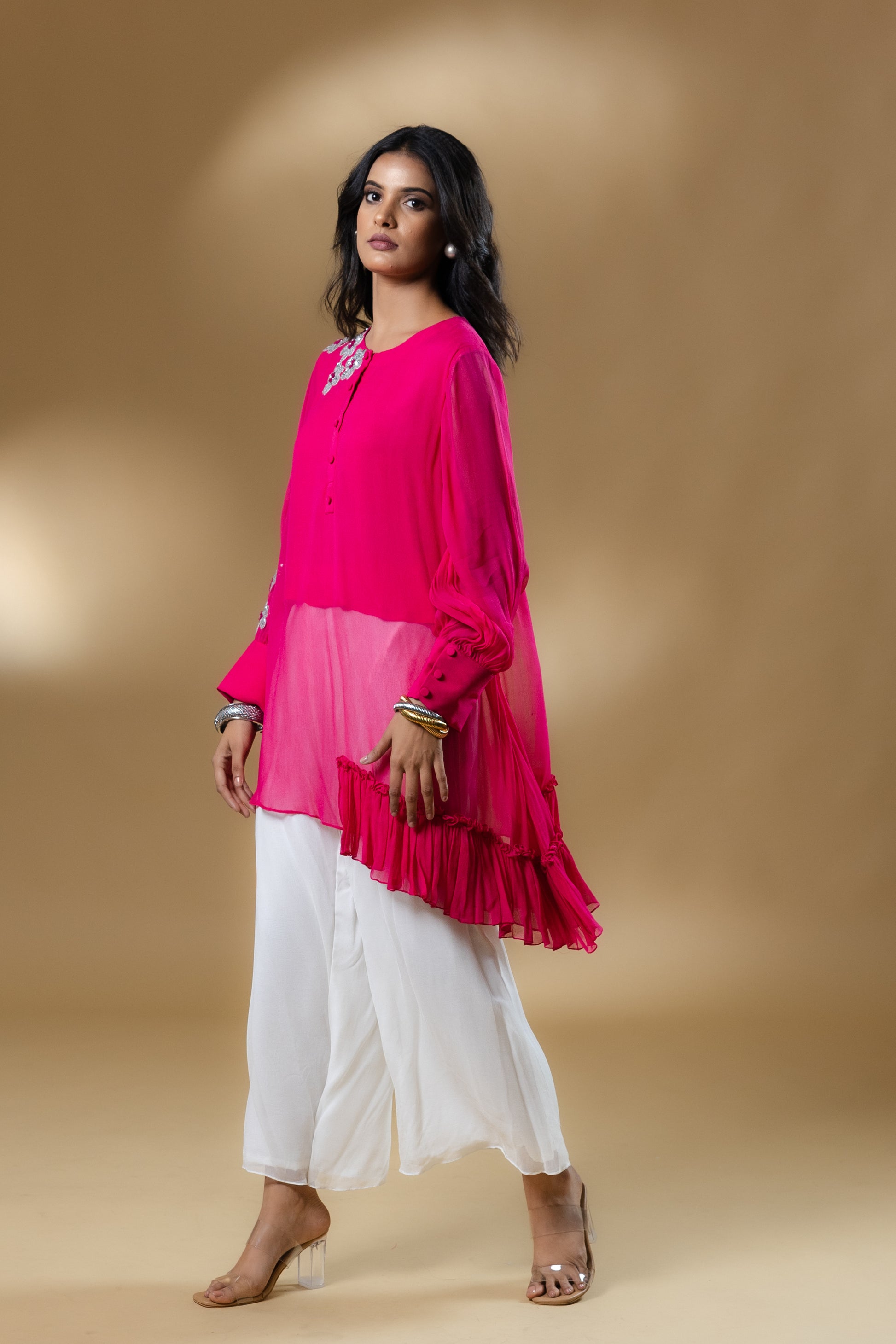 Magenta Pink Georgette Sequined Flower Co-ord