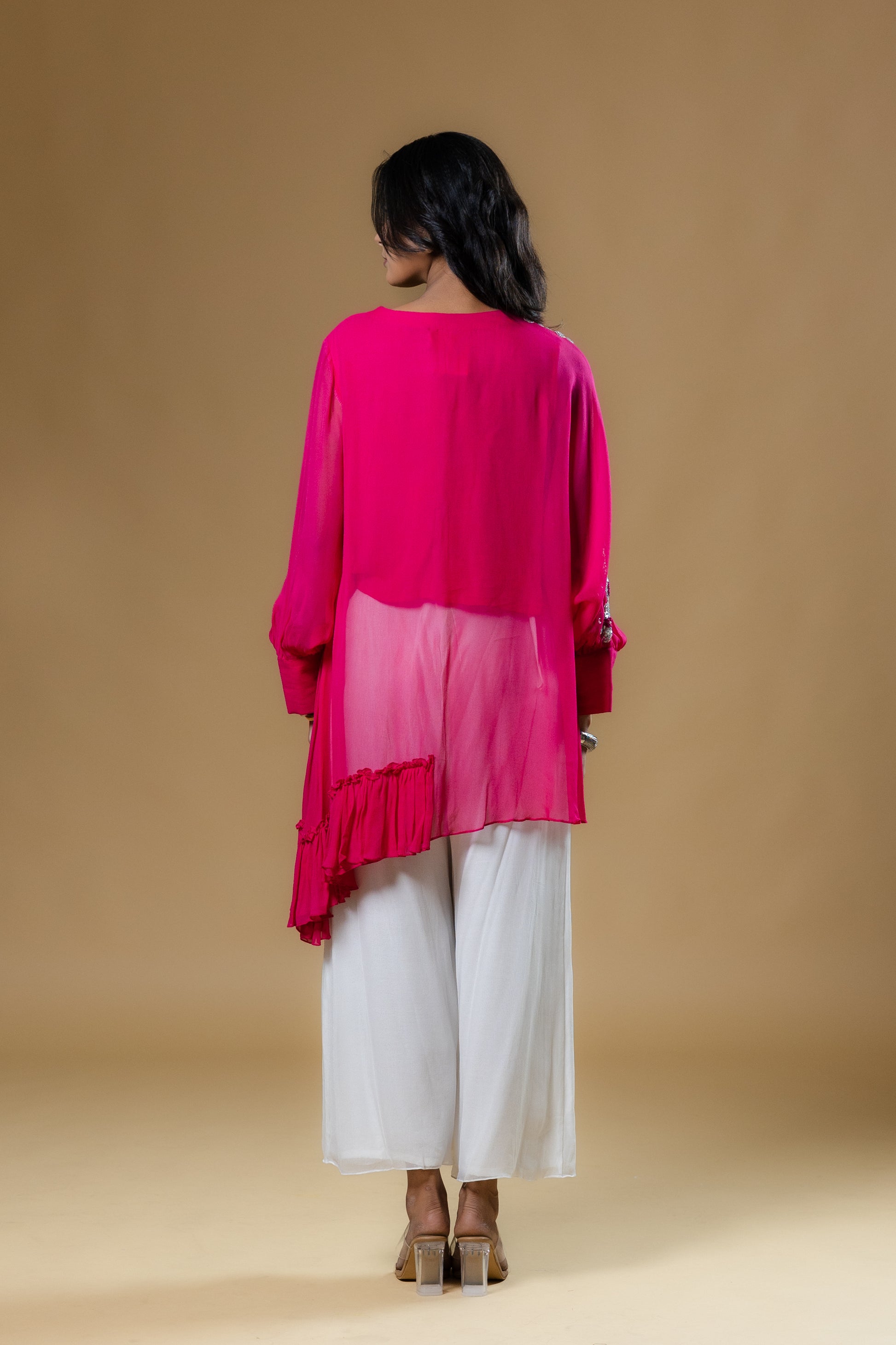 Magenta Pink Georgette Sequined Flower Co-ord