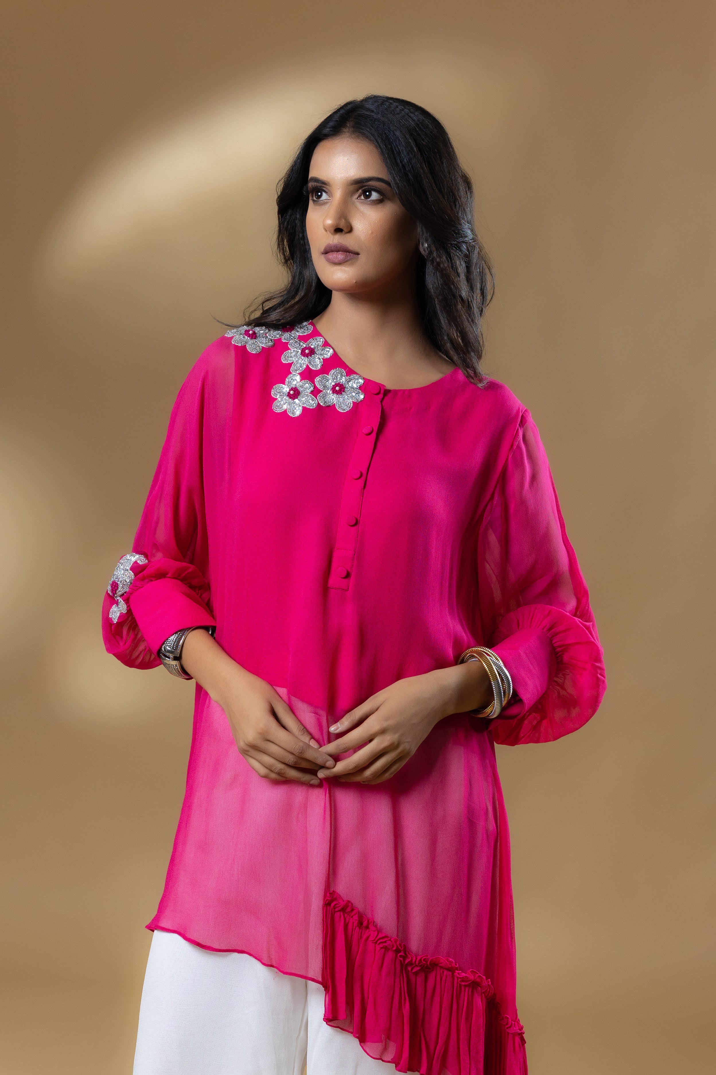 Magenta Pink Georgette Sequined Flower Co-ord