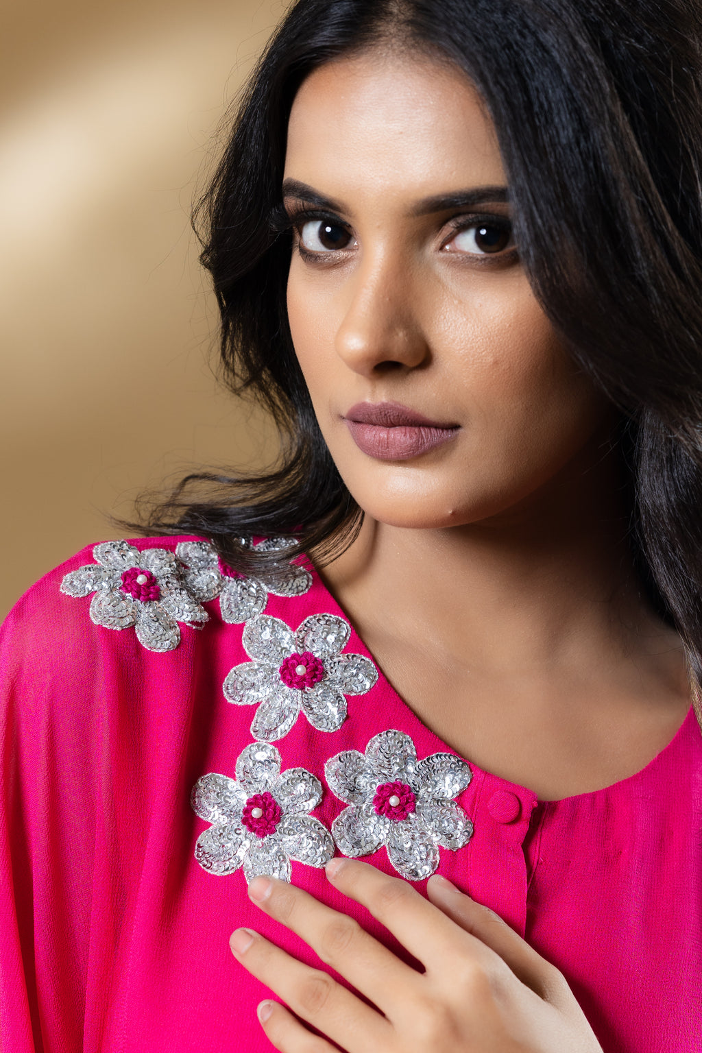 Magenta Pink Georgette Sequined Flower Co-ord