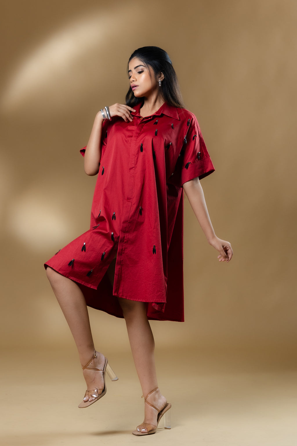 Maroon Italian Cotton Black Eye Stone Short Dress