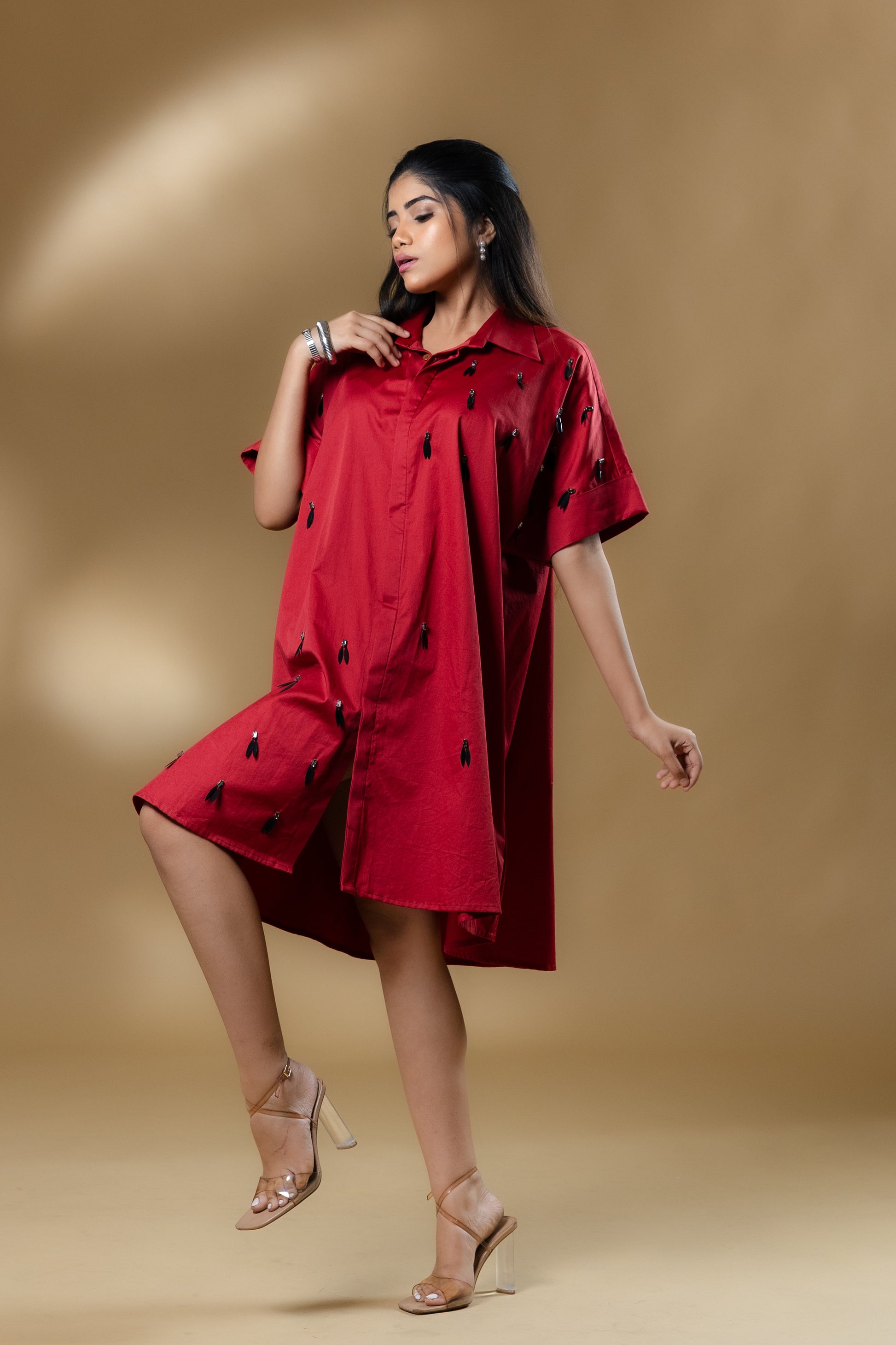 Maroon Italian Cotton Black Eye Stone Short Dress