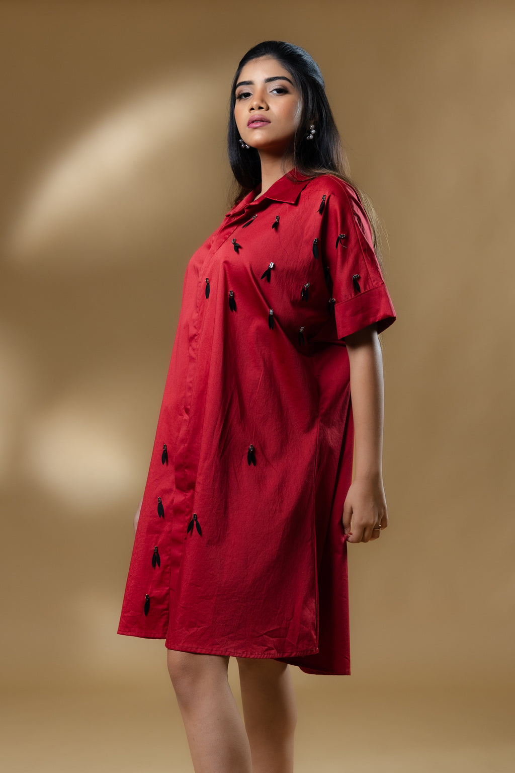 Maroon Italian Cotton Black Eye Stone Short Dress
