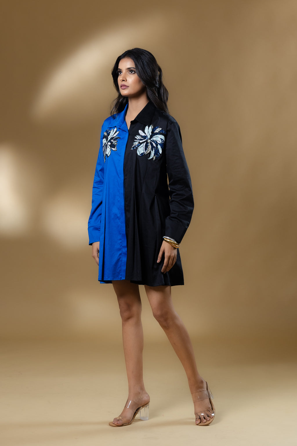 Blue & Black Italian Cotton Sequin Patch Short Dress