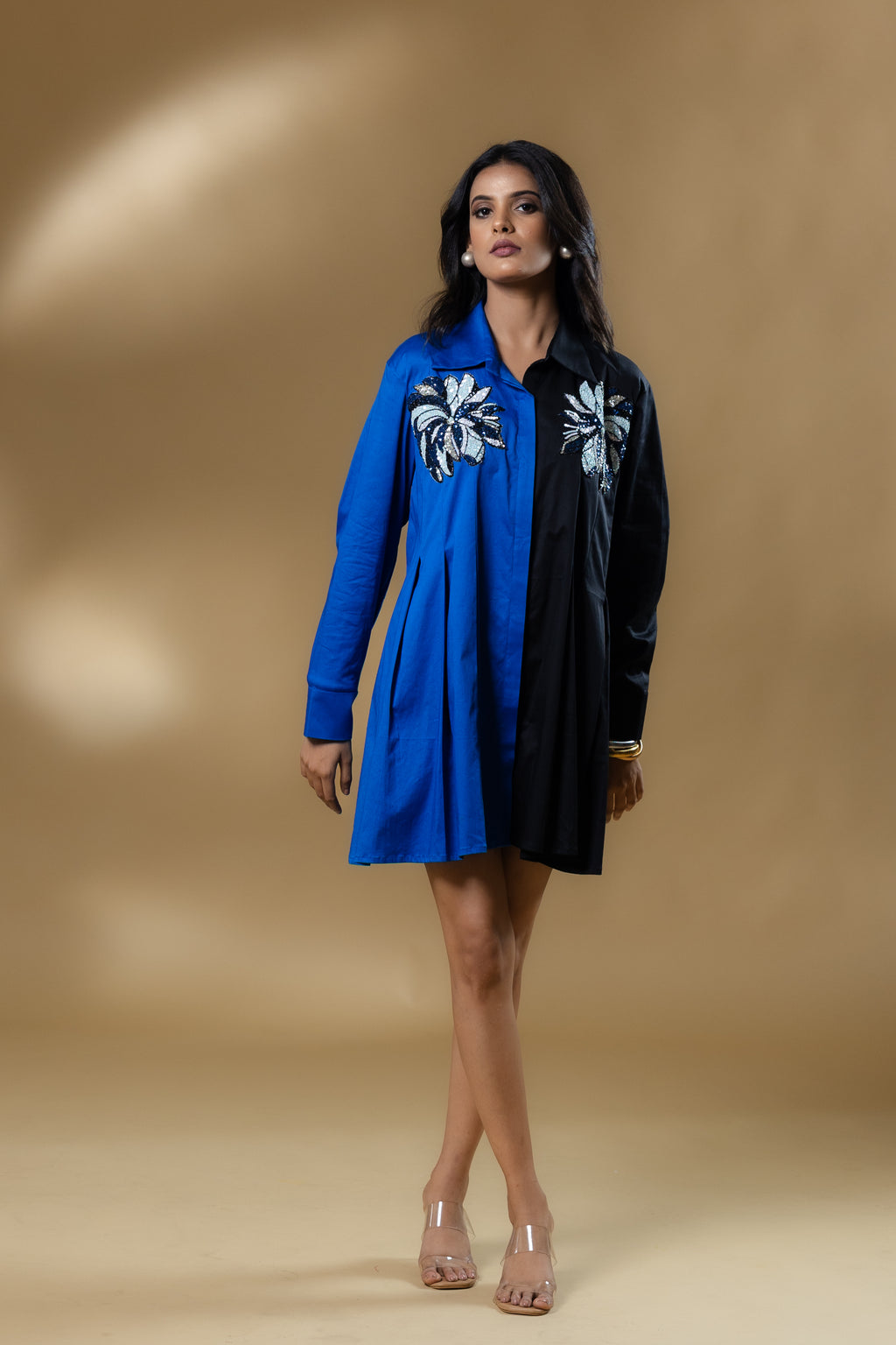 Blue & Black Italian Cotton Sequin Patch Short Dress