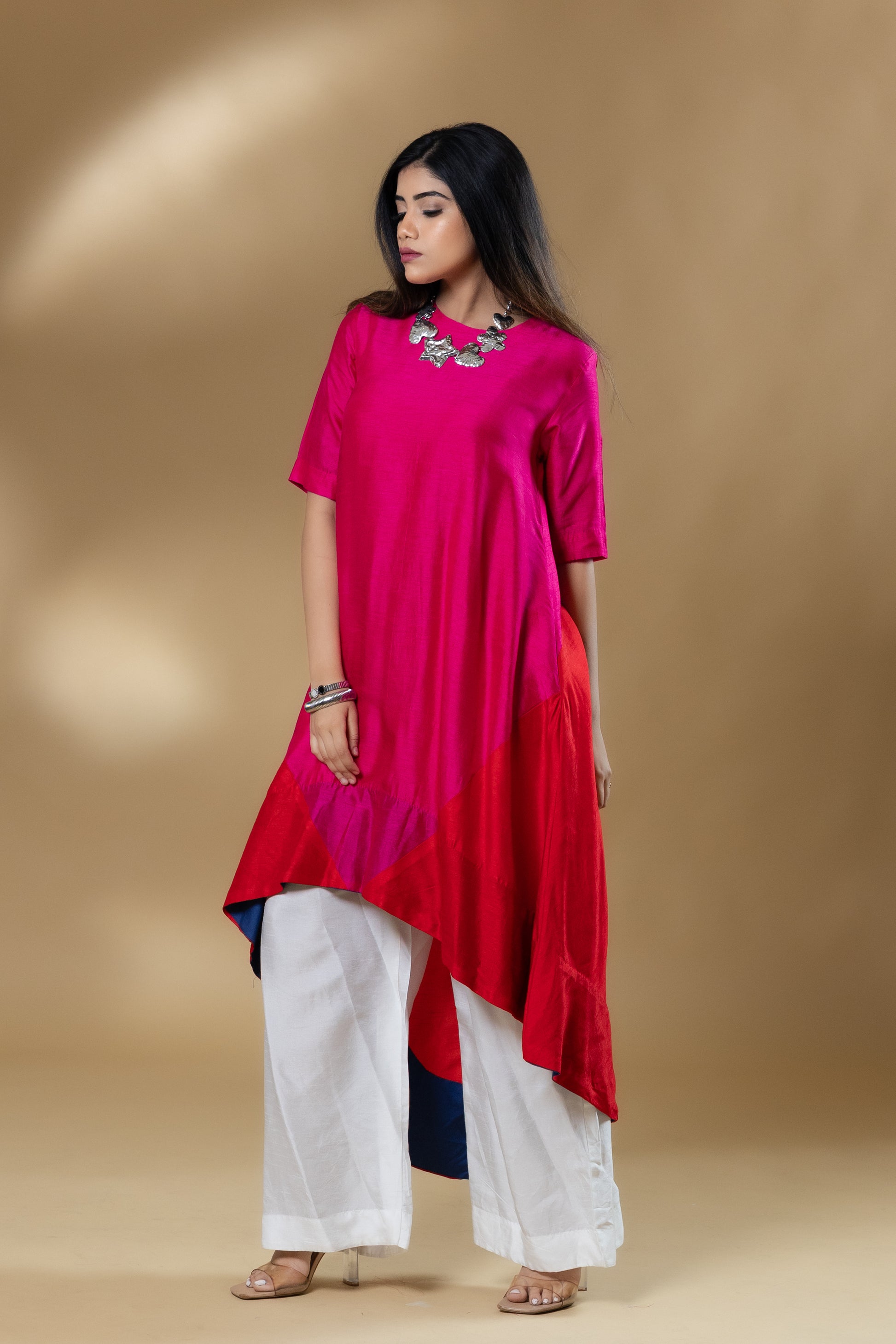 Magenta Pink Bemberg Silk Block Patterned Co-ord