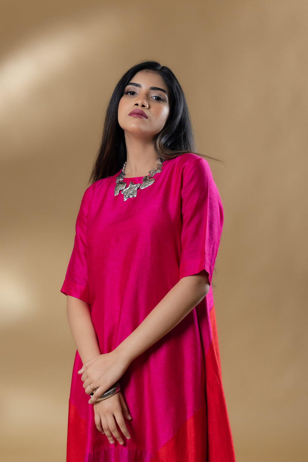 Magenta Pink Bemberg Silk Block Patterned Co-ord