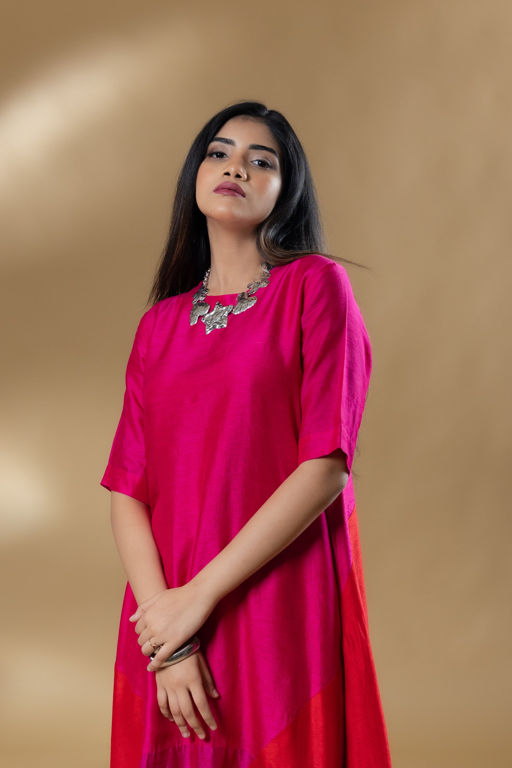 Magenta Pink Bemberg Silk Block Patterned Co-ord