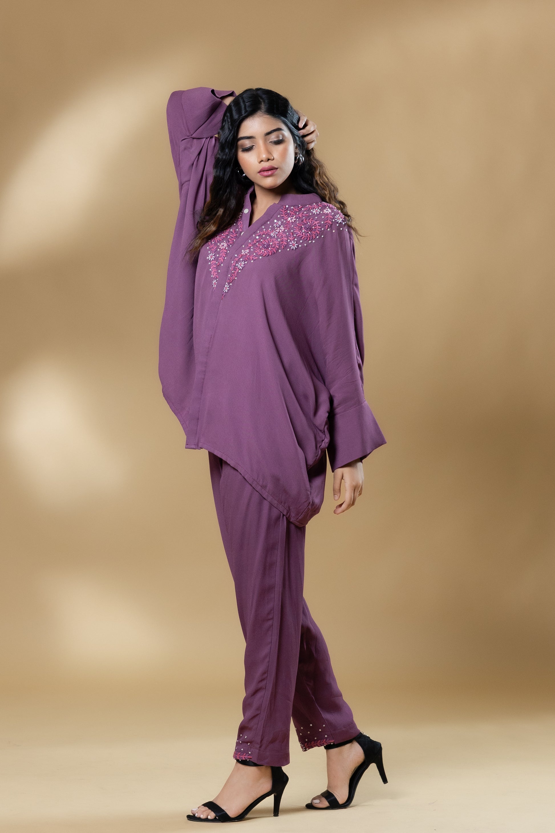Mauvellous Pink Georgette Embroidered Co-ord
