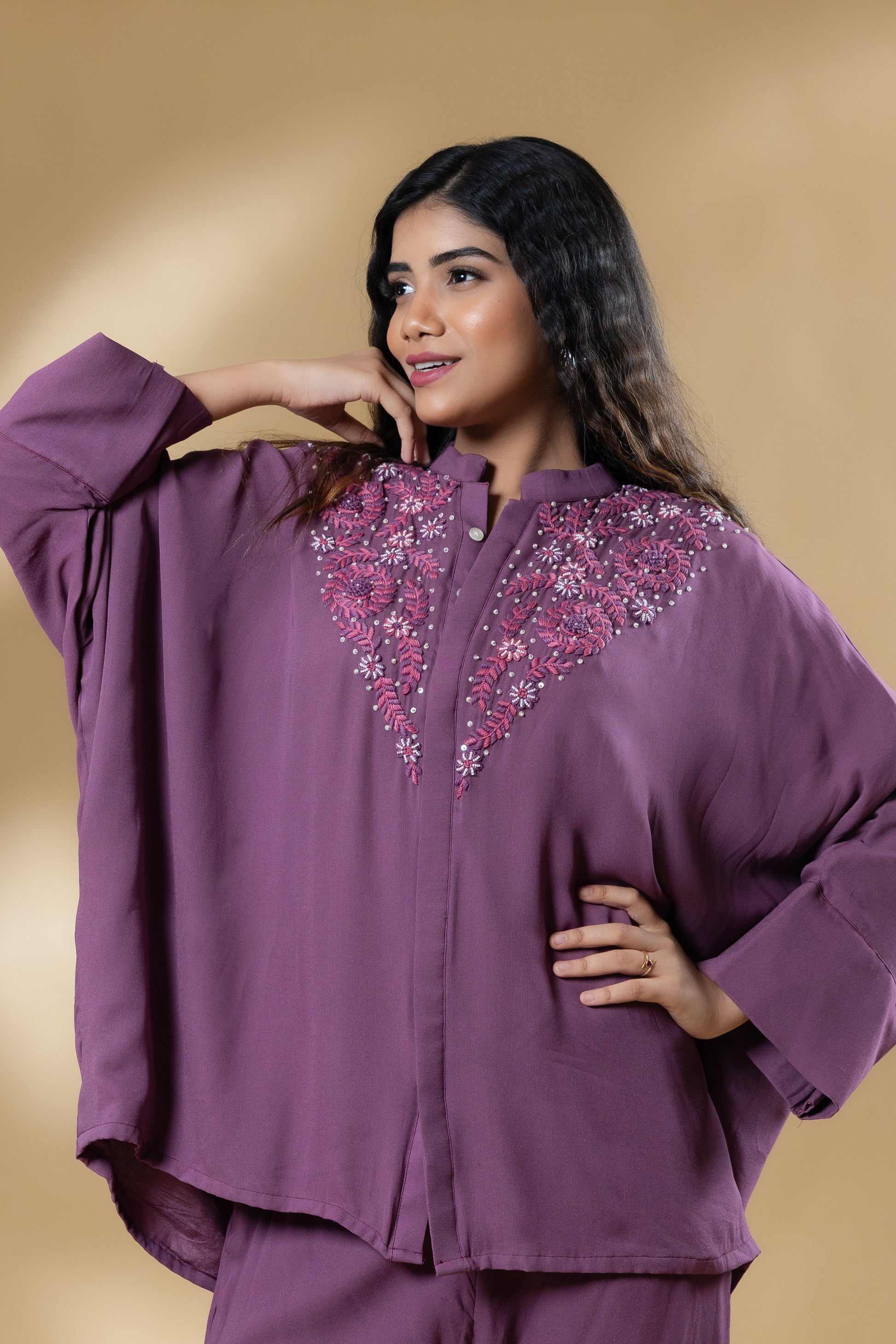 Mauvellous Pink Georgette Embroidered Co-ord