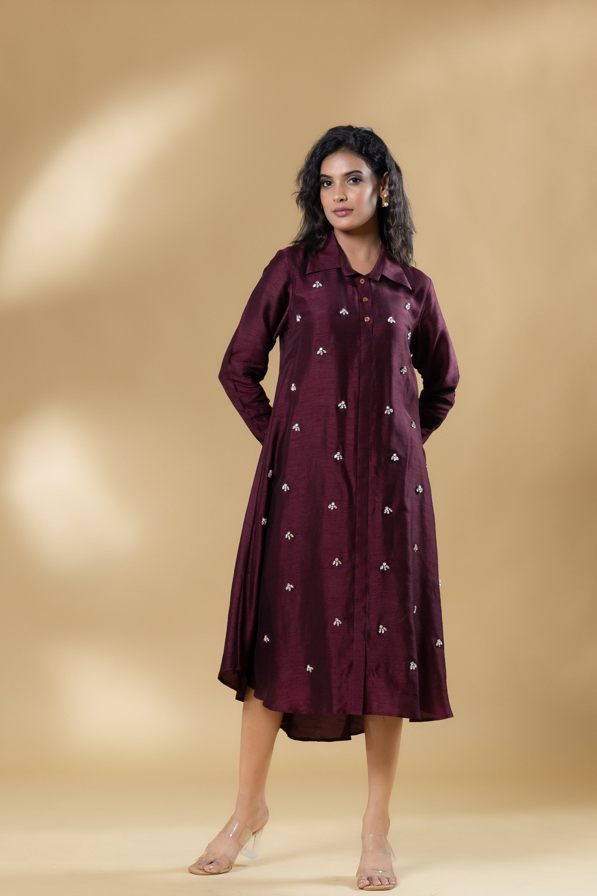 Maroon Bemberg Silk Gin Stone Dress